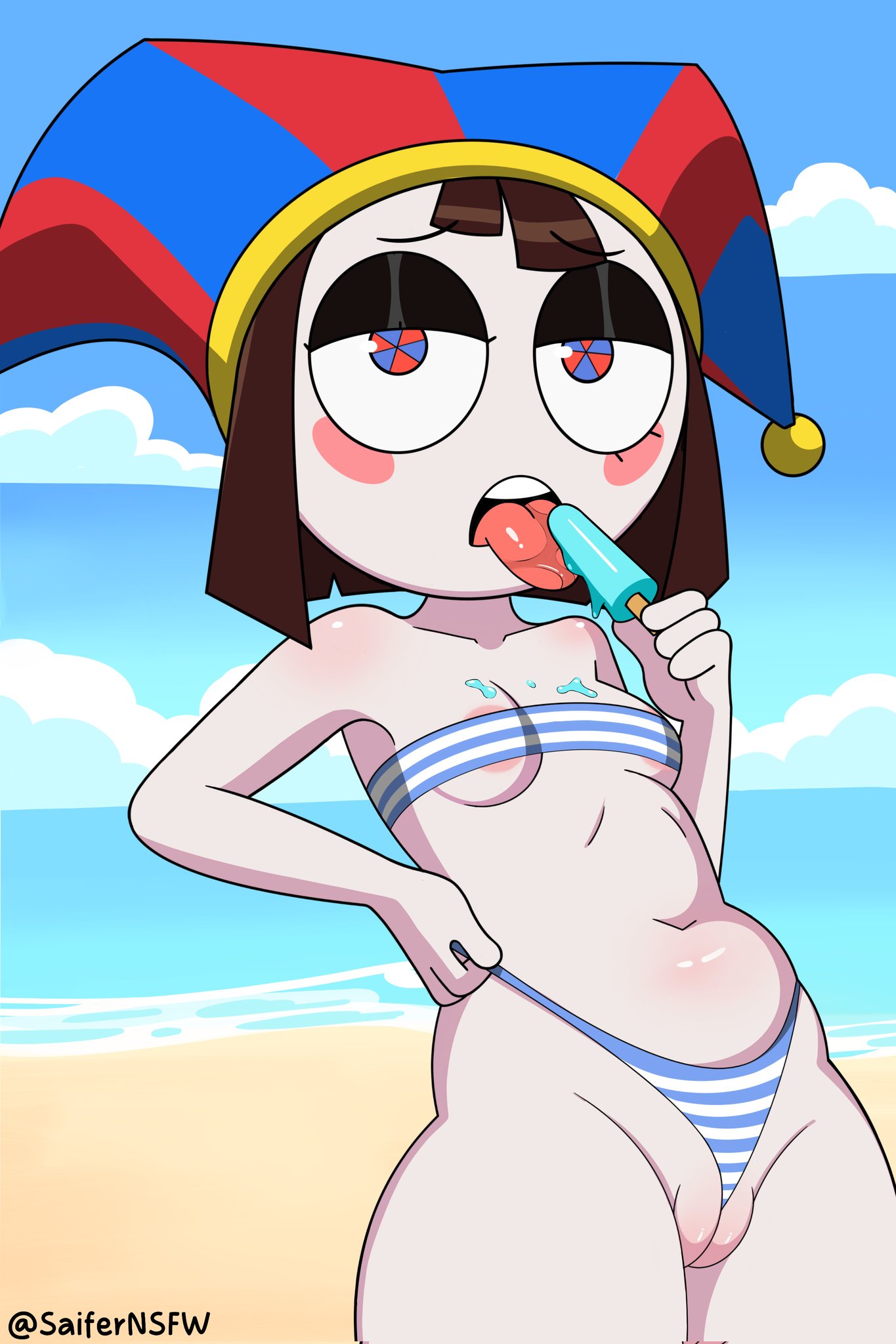 accurate art style, areola, areola slip, areolae, beach, beach background, belly, belly button, big ass, blue eyes, blue sky, blush, blush stickers, breasts, brown hair, cameltoe, clavicle, cleft of venus, clothed, clothed female, clothing, cloud, collarbone, color, detailed background, female, female only, glitch productions, hand on hip, imminent sex, implied oral, jester, licking, long hair, looking at viewer, melting, navel, panties, pink nipples, pomni, pomni (beach outfit), pomni (the amazing digital circus), popsicle, puffy pussy, pulling panties, pulling panties up, pussy, pussy floss, pussy lips, pussy wedgie, red eyes, saifernsfw, sand, shiny skin, skindentation, small breasts, standing, swimsuit, teeth, the amazing digital circus, thick thighs, thighs, tight clothing, tongue, vulva
