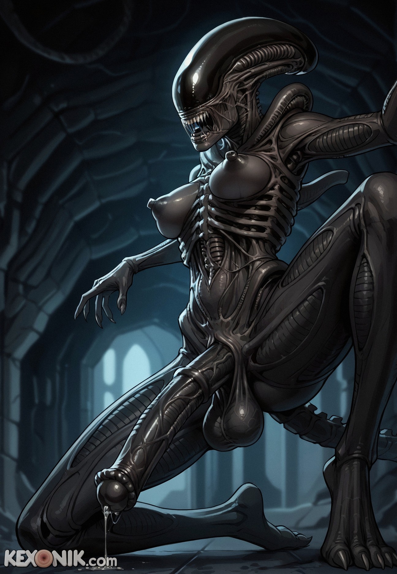 1futa, ai generated, alien, alien (franchise), ass focus, balls, big nipples, black body, black breasts, black nipples, black penis, black skin, breasts, close-up, cock, darkness, dick, dickgirl, from below, futa only, futanari, horror, horse penis, huge ass, huge cock, huge testicles, intersex, kexonik, kneeling, legs apart, low-angle view, medium breasts, monster, night, penis, precum drip, puffy nipples, sagging breasts, scrotum, side view, solo, spread arms, tail, testicles, xenomorph