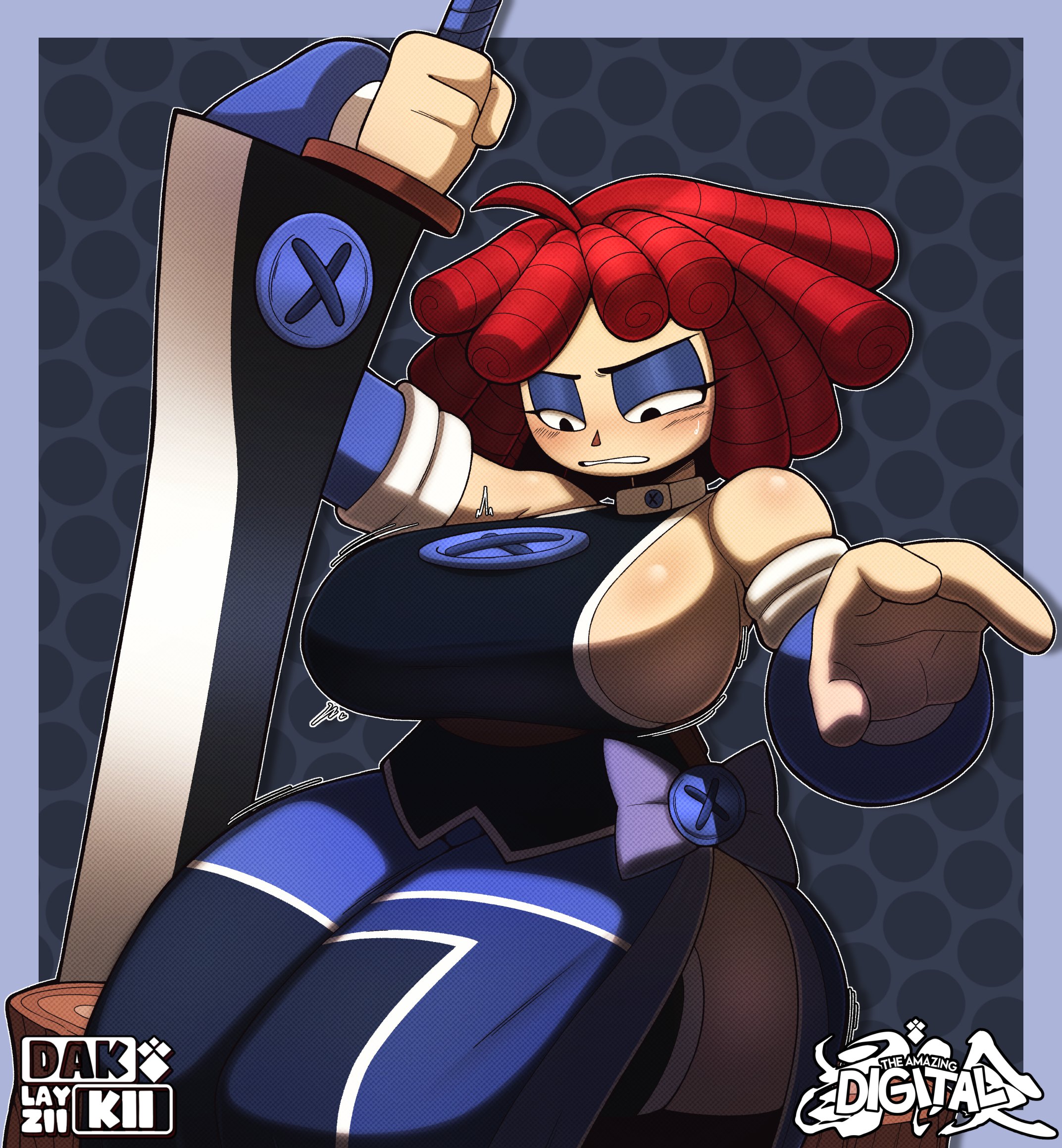 big breasts, blush, breasts, dakkii, female, glitch productions, inconvenient breasts, layziidakkii, ragatha, ragatha (tadc), ragatha (the amazing digital circus), red hair, sitting, solo, sword, the amazing digital circus, thick, thick hips, thick legs, thick thighs, weapon, wide hips, wide thighs
