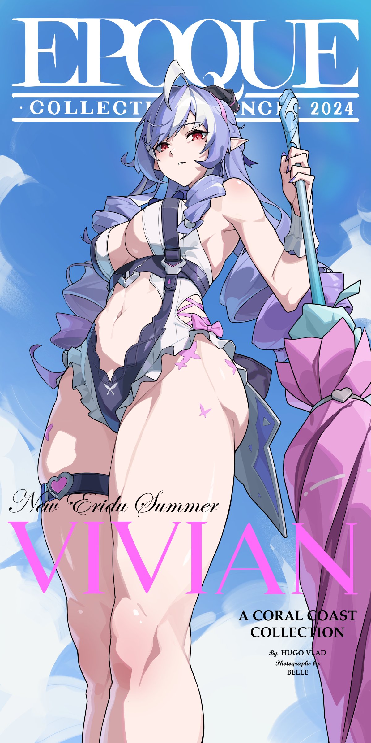 1girls, breasts, dashi tamago, exposed breasts, female, hoyoverse, legs, long hair, mihoyo, muscles, muscular, muscular female, official alternate costume, purple hair, red eyes, swimsuit, vivian banshee, vivian banshee (iris of the shore), white swimsuit, zenless zone zero