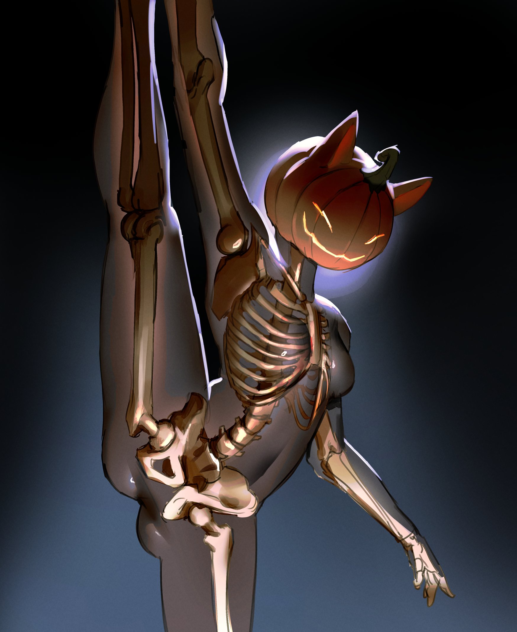 1girls, austinarts4, bones, female, fortnite, fortnite: battle royale, pumpkin, pumpkin head, skeleton, smile, solo, solo female, solo focus, spice (fortnite), splits, standing split, transparent body, visible skeleton