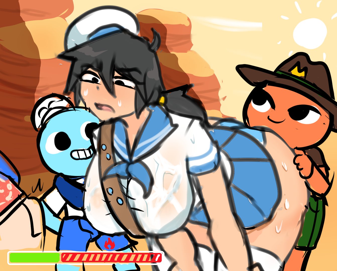 1girls, alpha (desiredelta), bent over, big ass, big breasts, black eyes, black hair, breasts, color, desiredelta, female, female alpha (desiredelta), female focus, holding ass, light skin, male, multiple boys, multiple males, original, panties, peak (videogame), sweat, twitter link, wet clothes