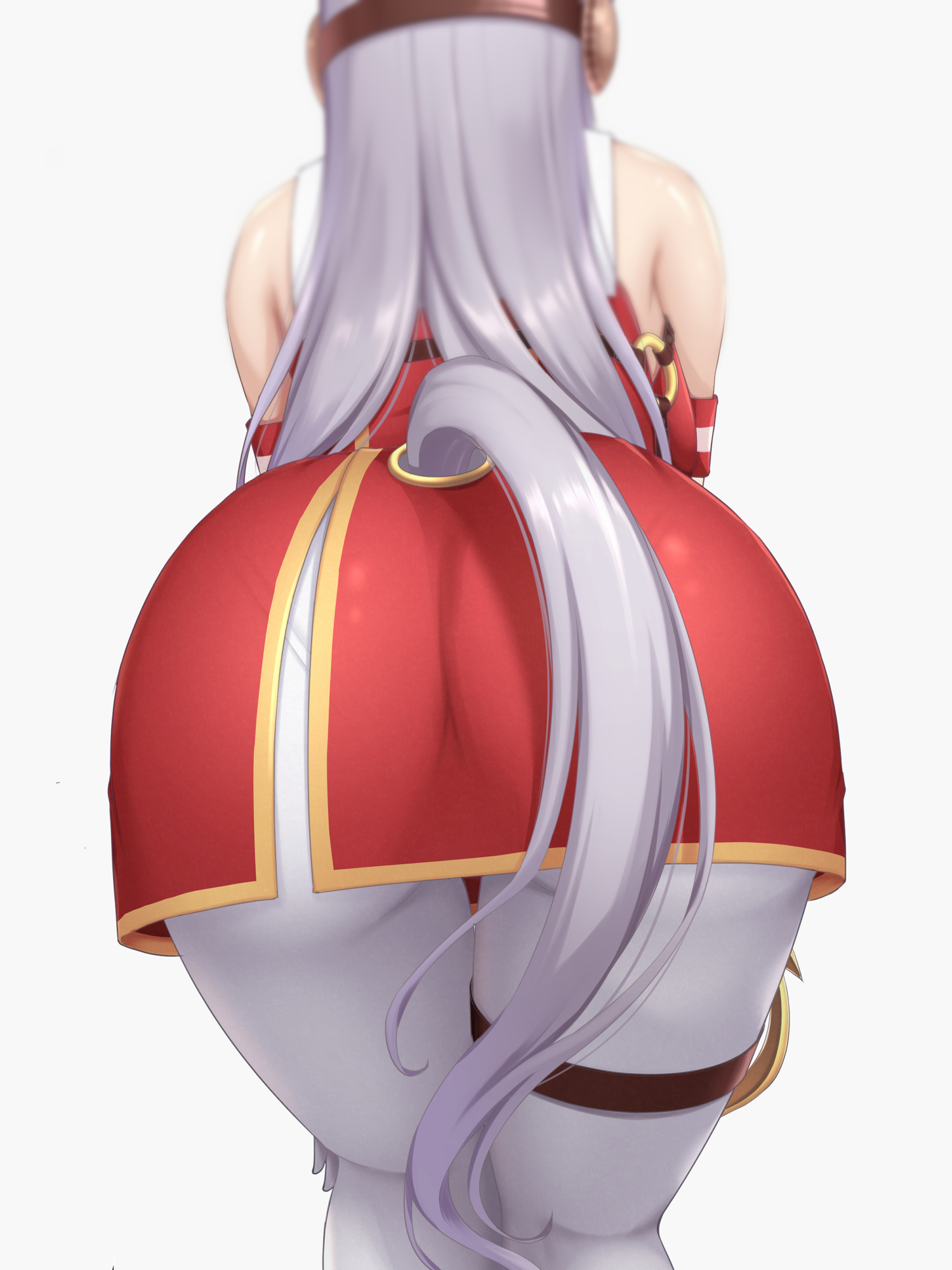 ass, ass focus, bad id, bad pixiv id, bent over, female, from behind, gold ship (red strife) (umamusume), gold ship (umamusume), grey hair, highres, horse girl, horse tail, kneepits, long hair, pantyhose, sleeveless, solo, tail, tapisuke, thigh strap, umamusume, white pantyhose