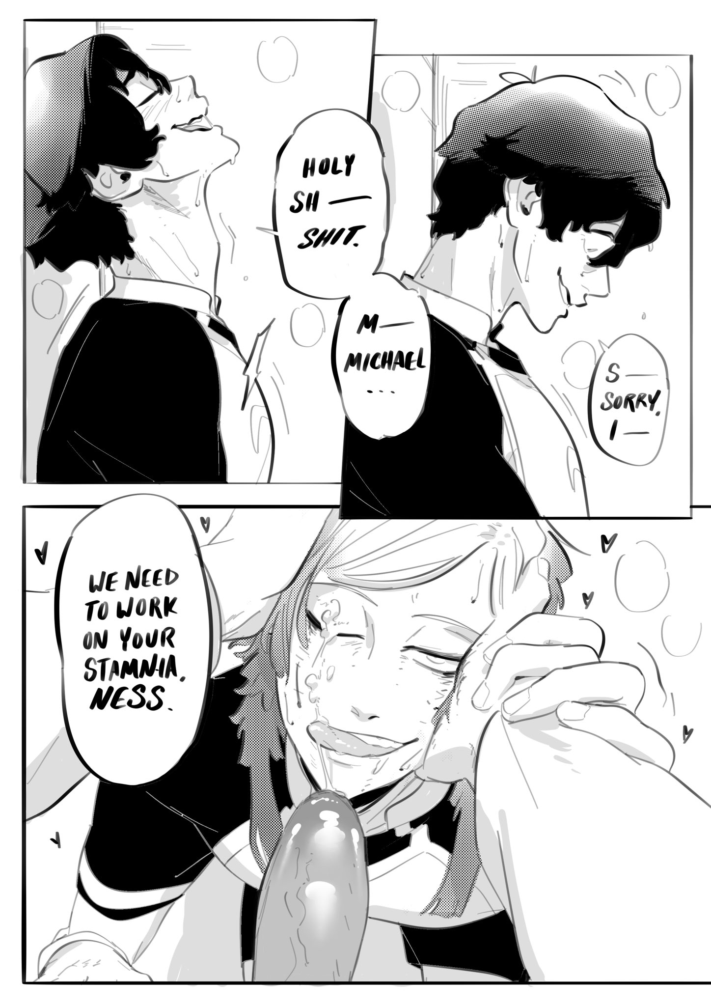 2boys, after oral, after orgasm, alexis ness, blowjob, blue lock, clothed, cock, comic page, cum on eye, cum on face, cumshot, cumshot on face, femboy, gay, hands on another's head, heart, hearts around head, holding wrist, kaiser michael, kneeling oral position, licking cum, male, manga, manga page, michael kaiser, panting, penis, soccer uniform, sticking out tongue, wink, winking, yaoi