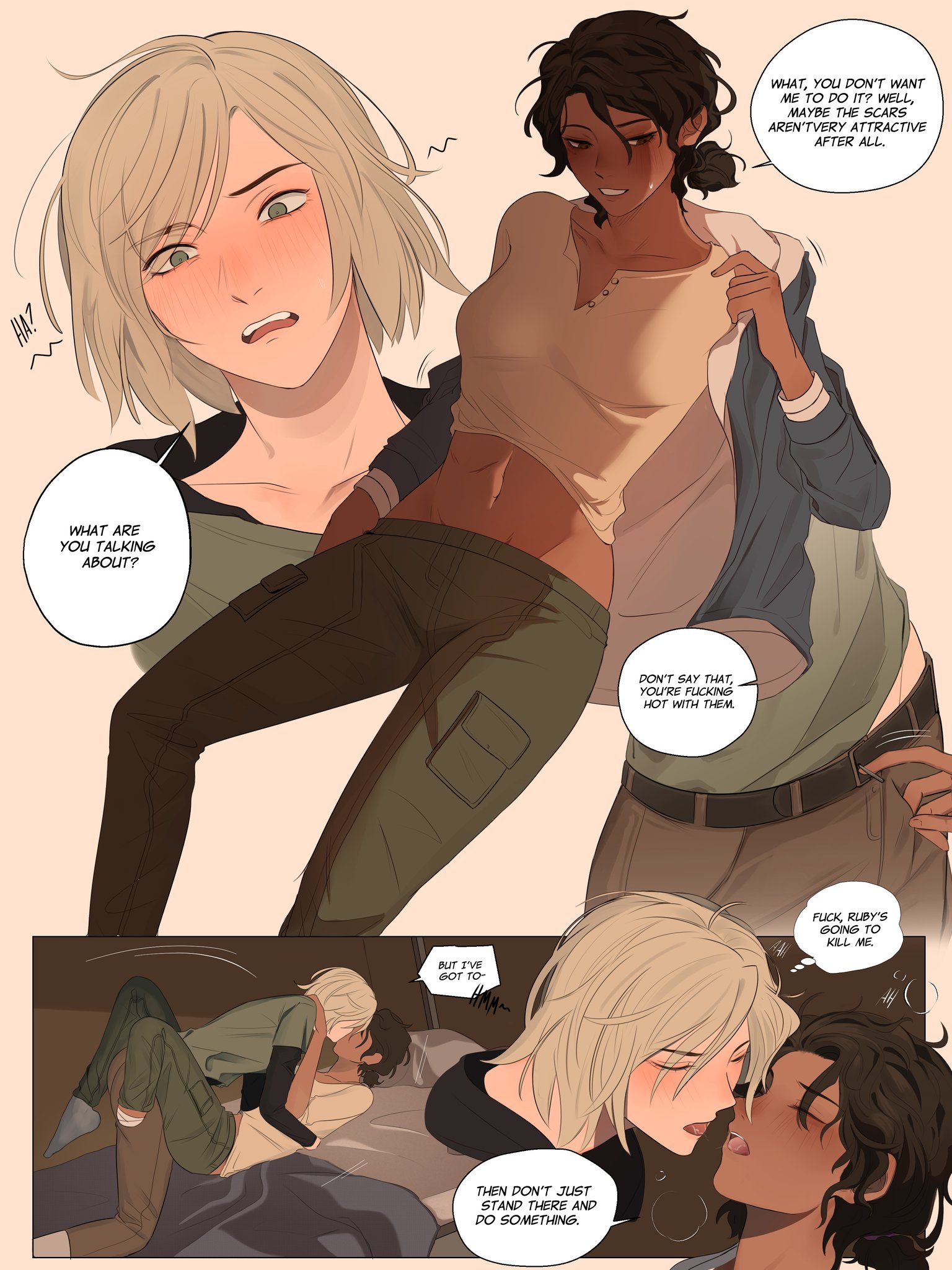 2girls, amputee, bed, bedroom, belly button, blonde hair, blush, breasts, brown eyes, brown hair, clementine (the walking dead), comic, comic page, dark skin, dark-skinned female, english, english dialogue, english text, female, female focus, female on female, female only, green eyes, interracial, kissing, lesbian kiss, light skin, light-skinned female, medium breasts, medium hair, navel, open mouth, text, text bubble, the walking dead, the walking dead game, the walking dead: the final season, violet (the walking dead), xe2las 707, yuri
