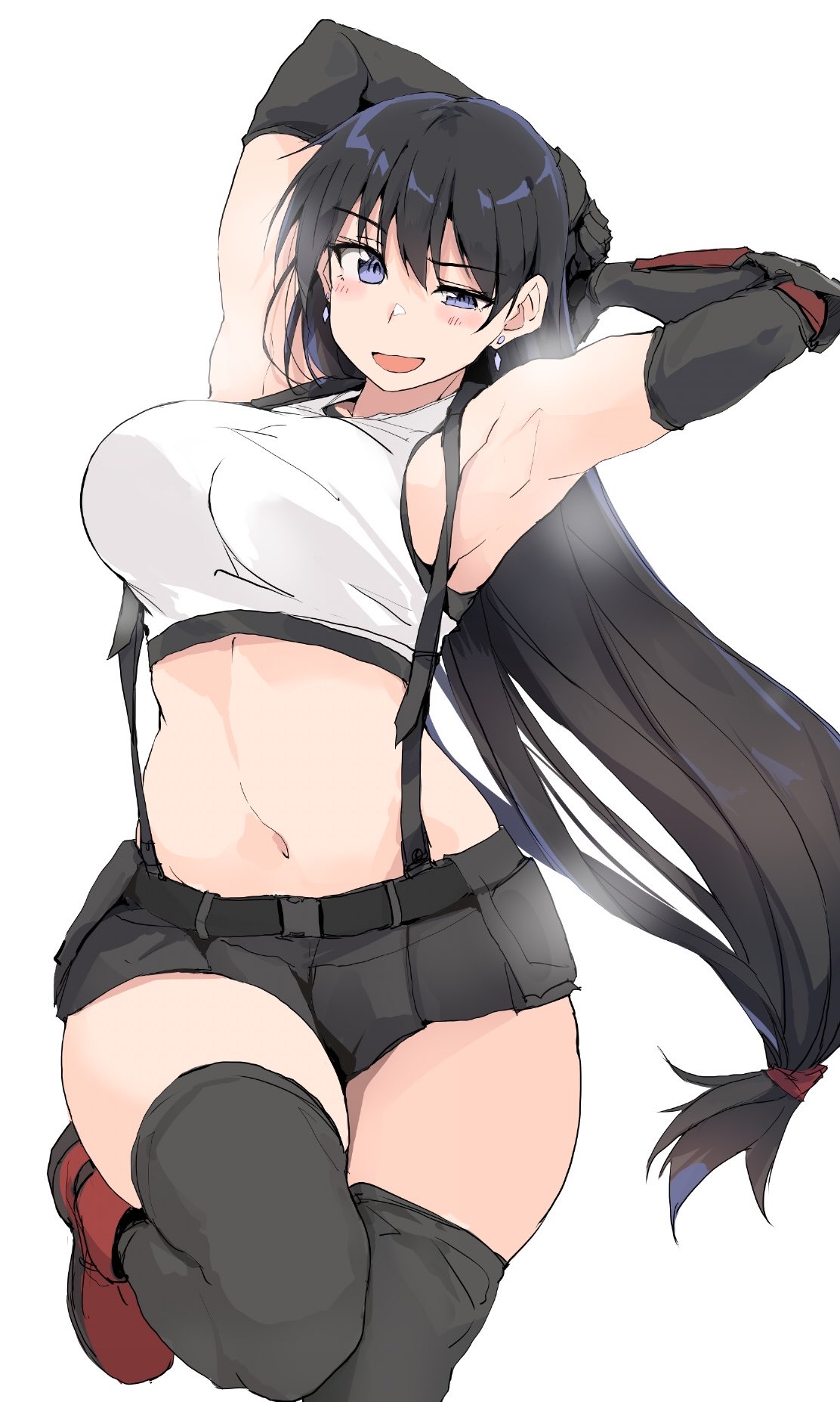 1girls, arato nagi, armpits, arms behind head, arms up, black gloves, black hair, black thighhighs, blue eyes, blush, breasts, cosplay, crop top, earrings, elbow gloves, elbow pads, female, female focus, female only, final fantasy, final fantasy vii, gloves, highres, huge breasts, huge thighs, jewelry, large breasts, light skin, light-skinned female, long hair, midriff, miniskirt, navel, open mouth, ruri no houseki, skirt, smile, smiling, solo, solo female, solo focus, suspender skirt, suspenders, tank top, thick thighs, thighhighs, thighs, tifa lockhart (cosplay), white hair, white tank top, zekkyon