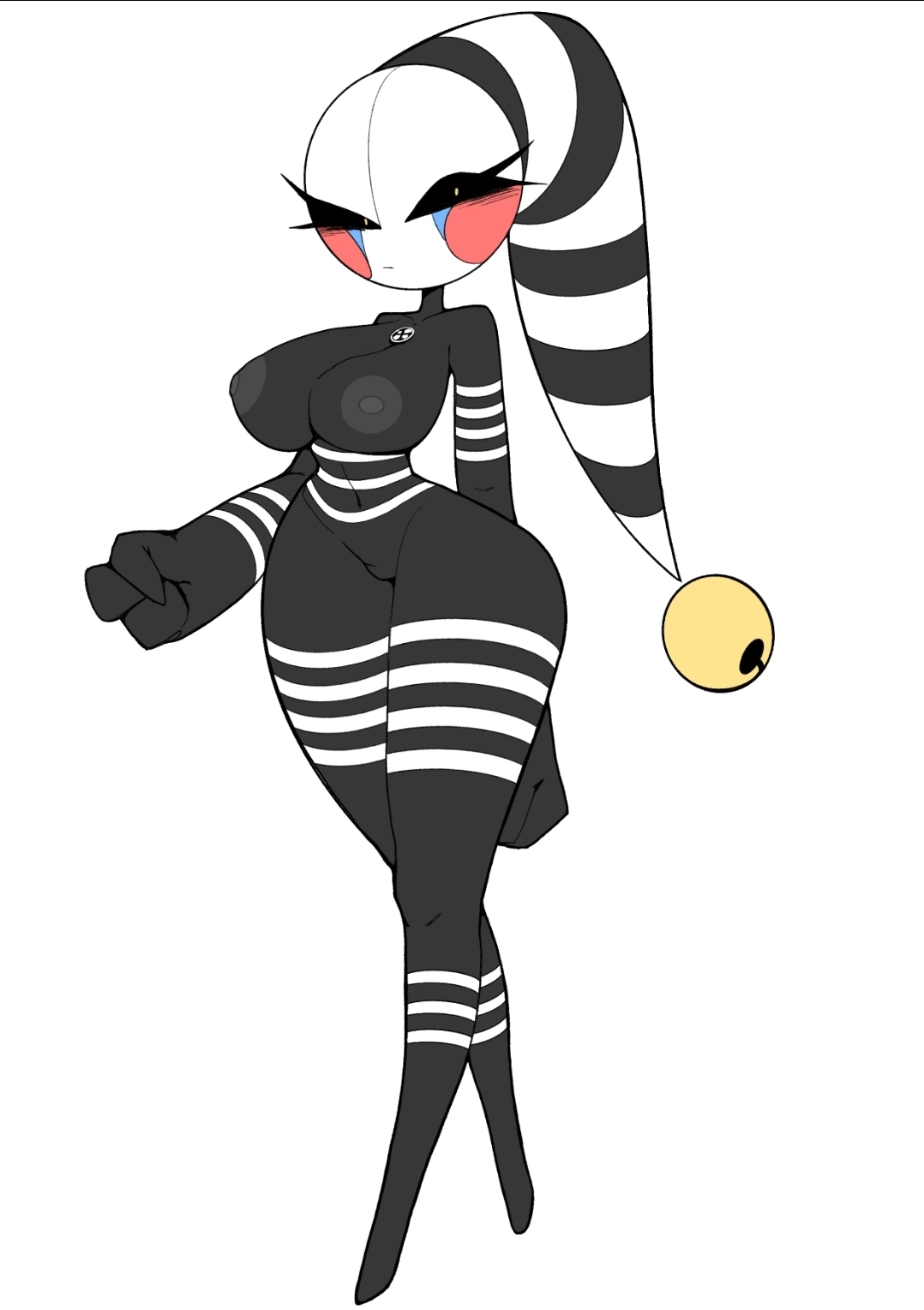 1girls, black body, breasts, clown, clown girl, female, female only, five nights at freddy's, freddy fazbear's pizzeria simulator, hss dada, jester, looking at viewer, marionette (fnaf), mime, nipples, nude, nude female, puppet (fnaf), pussy, security puppet (fnaf), solo, stripes, tagme, thick thighs, thighs, white pupils