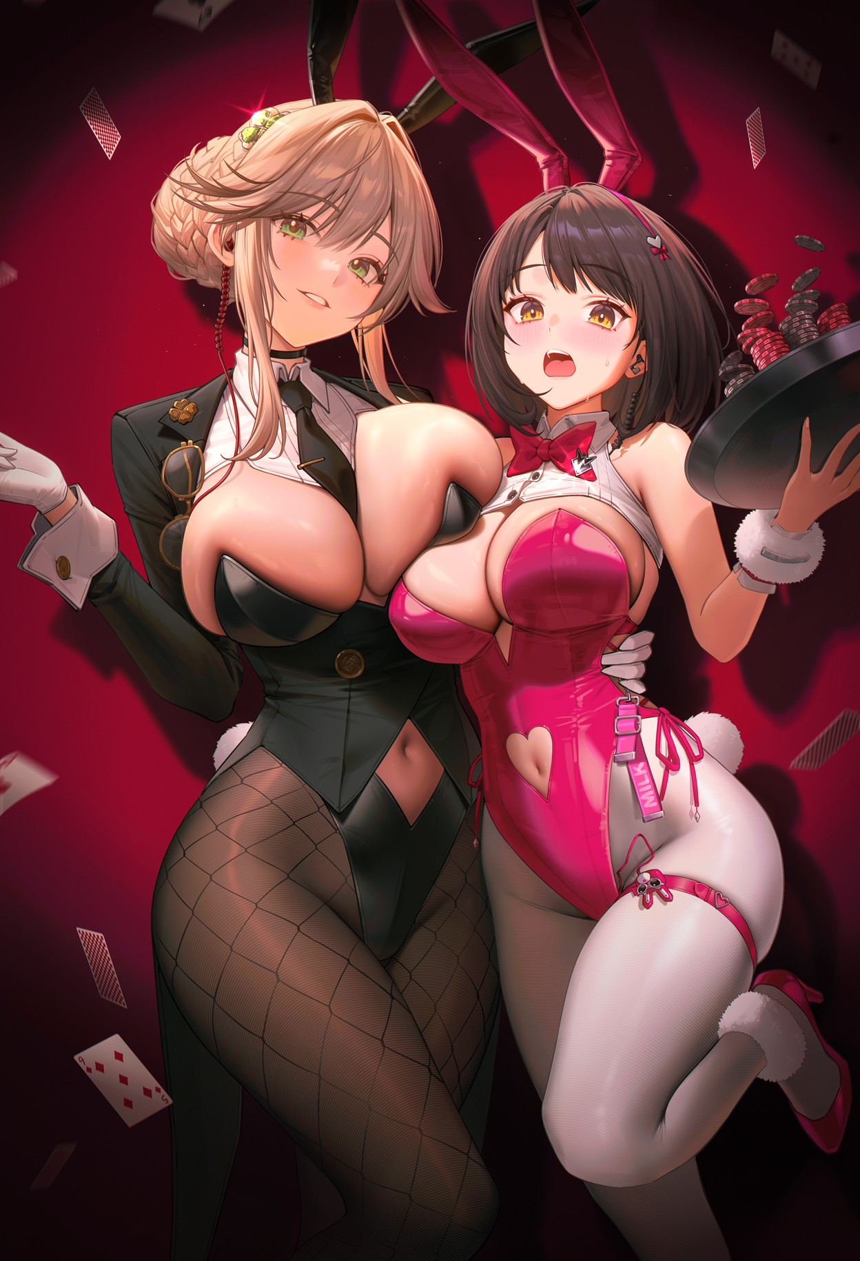2girls, 95 (jiuwujiang), ade (agent bunny) (nikke), ade (nikke), animal ear hairband, animal ears, black choker, black coat, black leotard, black necktie, black pantyhose, blonde hair, blush, bow, bowtie, braid, breasts, brown hair, bun with braided base, choker, cleavage, clothing cutout, clover pin, coat, commentary, earpiece, eyewear hang, fake animal ears, fake tail, female, female only, fishnet pantyhose, fishnets, floating card, gloves, green eyes, hair bun, hair intakes, hairband, heart cutout, highleg, highleg leotard, highres, holding, holding tray, huge breasts, large breasts, leg warmers, leotard, looking at viewer, milk (blooming bunny) (nikke), milk (nikke), multiple females, multiple girls, navel, navel cutout, necktie, official alternate costume, official alternate hairstyle, open mouth, pantyhose, pink bow, pink bowtie, pink leg warmers, pink leotard, poker chip, rabbit ear hairband, rabbit ears, rabbit tail, red eyes, short hair, shrug (clothing), sidelocks, single hair bun, skindentation, smile, standing, standing on one leg, sweat, tail, tie clip, tray, undersized breast cup, unworn eyewear, white gloves, white pantyhose, white shrug, white wrist cuffs, wrist cuffs