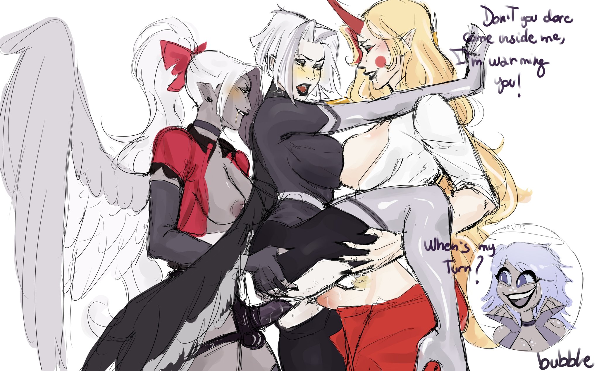 1futa, 3girls, bubbledark, charlie morningstar (hazbin hotel), double penetration, emily (hazbin hotel), female, futa on female, futanari, hazbin hotel, intersex, lute (hazbin hotel), strap-on, strapon, vaggie (hazbin hotel), yuri