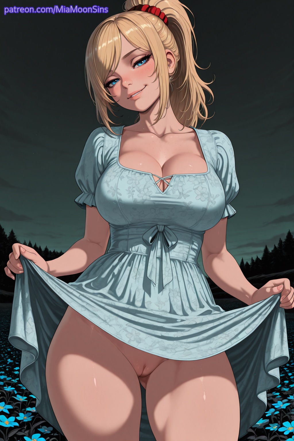 2025, ai generated, anime, ass visible through thighs, bangs, blonde hair, blue dress, blue eyes, blush, breasts, cleavage, clothes lift, collarbone, commando, cowboy shot, crossover, dress, dress lift, explicit, eye contact, female, female focus, field, flower, flushed, head tilt, highres, huge breasts, large breasts, lifted by self, long hair, looking at viewer, metroid, miamoonsins, naughty face, night, no panties, outdoors, patreon, patreon username, ponytail, puffy short sleeves, puffy sleeves, pussy, samus aran, scrunchie, seductive smile, short sleeves, sky, smile, smiling, solo, spread pussy, thick thighs, thighs, very long hair