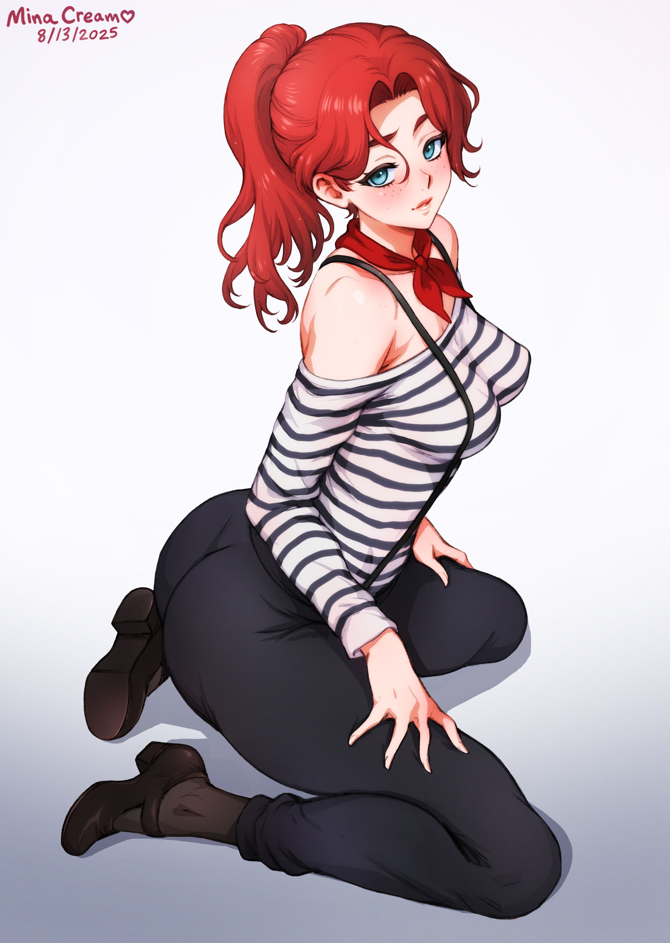 blue eyes, boots, bottomwear, breasts, clair obscur: expedition 33, female, female only, maelle (clair obscur: expedition 33), minacream, red hair, small breasts, striped clothing, thick thighs, thighs, topwear