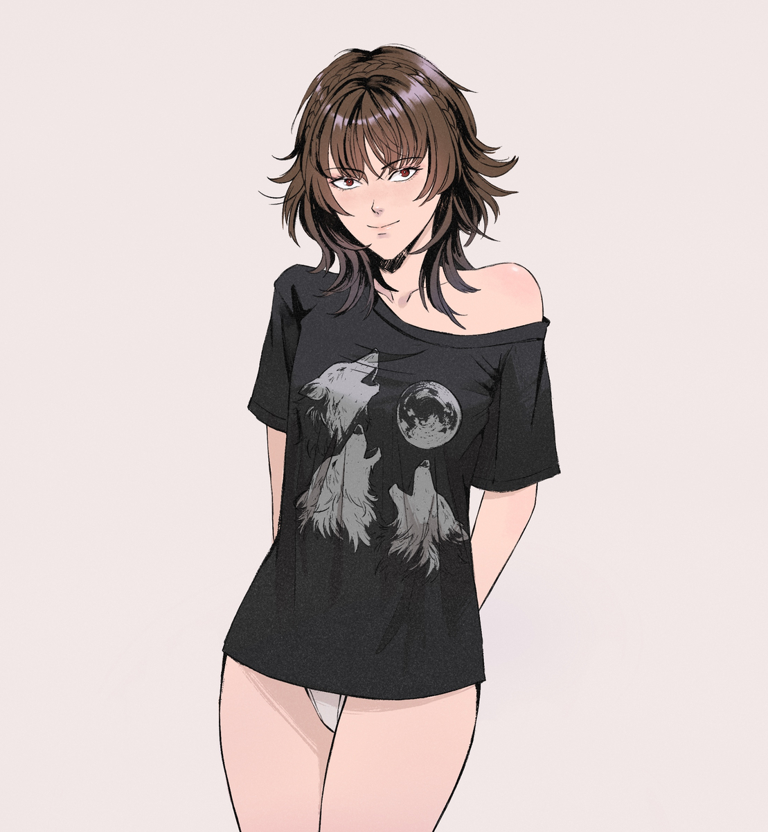 1girls, breasts, brown hair, female, makoto niijima, medium breasts, panties, persona, persona 5, red eyes, sarcii, shirt, white panties, wolfcut