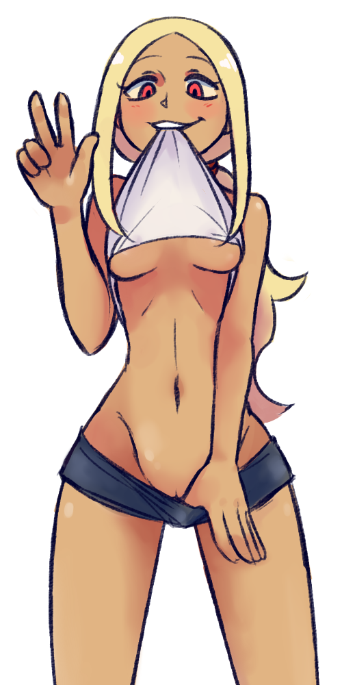 blonde_hair blush dark-skinned_female dark_skin female gravity_rush kat_(gravity_rush) long_hair looking_at_viewer mouth_hold navel no_bra no_panties opeipiao ponytail pussy red_eyes shirt_lift short_shorts shorts shorts_pull simple_background smile solo v white_background