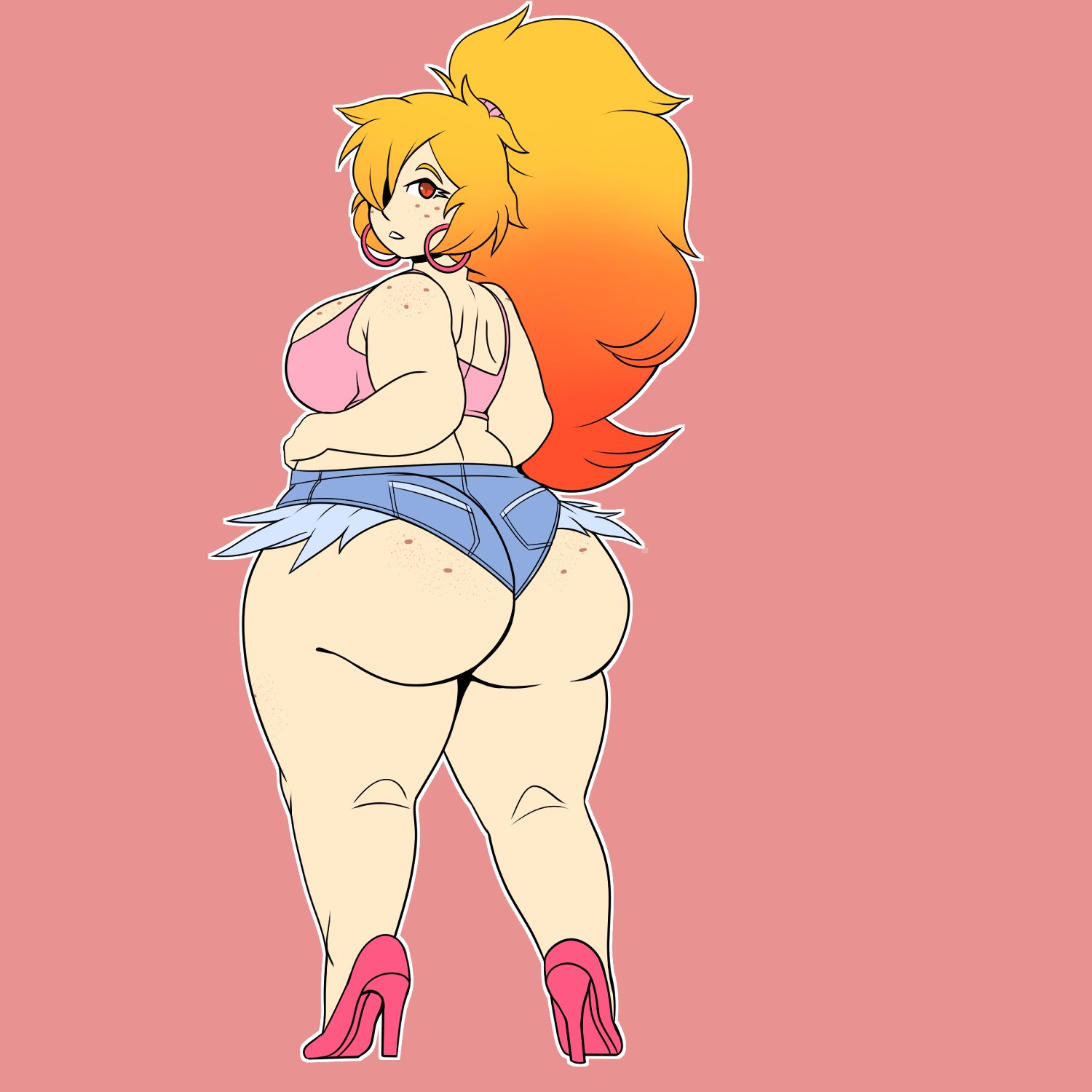 1female, 1girls, big ass, big breasts, booty shorts, breasts, crop top, daisy dukes, danscarf, fat ass, female, female only, freckles on ass, hair over one eye, huge ass, looking back, midriff, nerd and jock (webcomic), short shorts, slightly chubby female, solo female, tiger (nerd and jock)