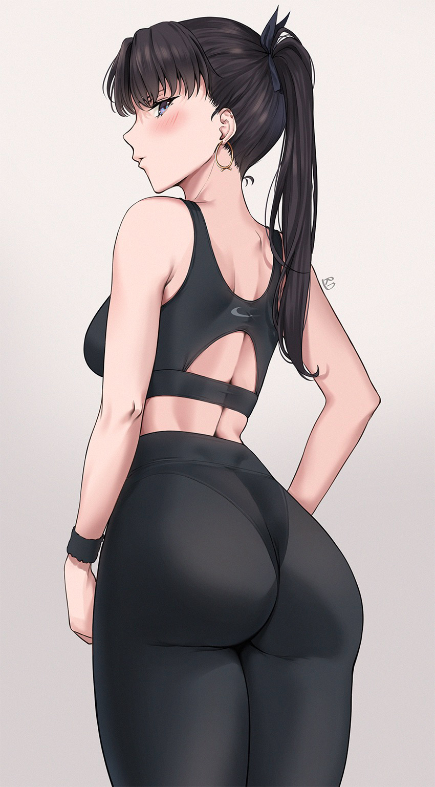 1girls 2021 alternate_hairstyle artist_signature ass ass_focus ass_shot back back_view black_hair black_sports_bra black_yoga_pants blue_eyes blush bubble_butt company_logo deity earrings fate/stay_night fate_(series) female female_focus female_only goddess hoop_earrings large_ass long_hair looking_at_viewer looking_back looking_over_shoulder nike pantylines ponytail ryudraw simple_background slim_waist sports_bra sportswear standing thick_thighs thighs tied_hair tight_clothing tohsaka_rin workout_clothes wristband yoga_pants