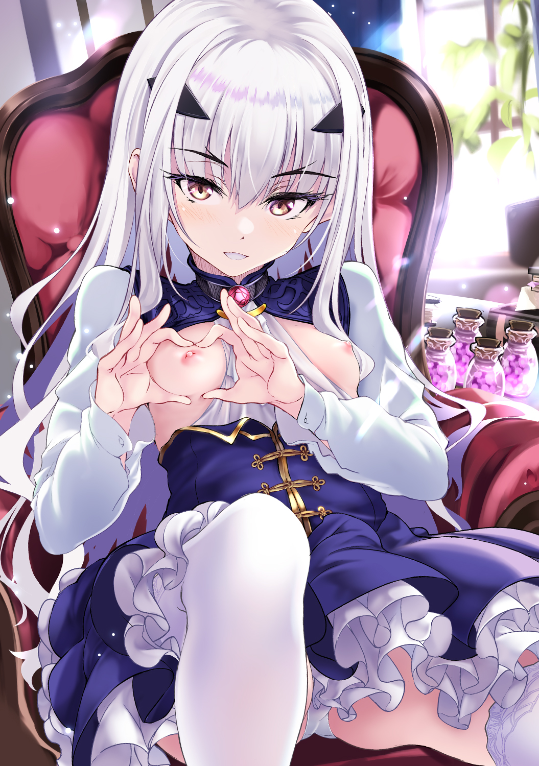 blue_dress blush breasts breasts_out brown_eyes doujin_cover doujinshi dress fate/grand_order fate_(series) heart-shaped_boob_challenge hitsujibane_shinobu indoors long_hair long_sleeves melusine_(fate) nipples on_chair panties pantyshot parted_lips sitting skirt small_breasts smile thighhighs thighs underwear white_hair white_panties white_thighhighs zettai_ryouiki