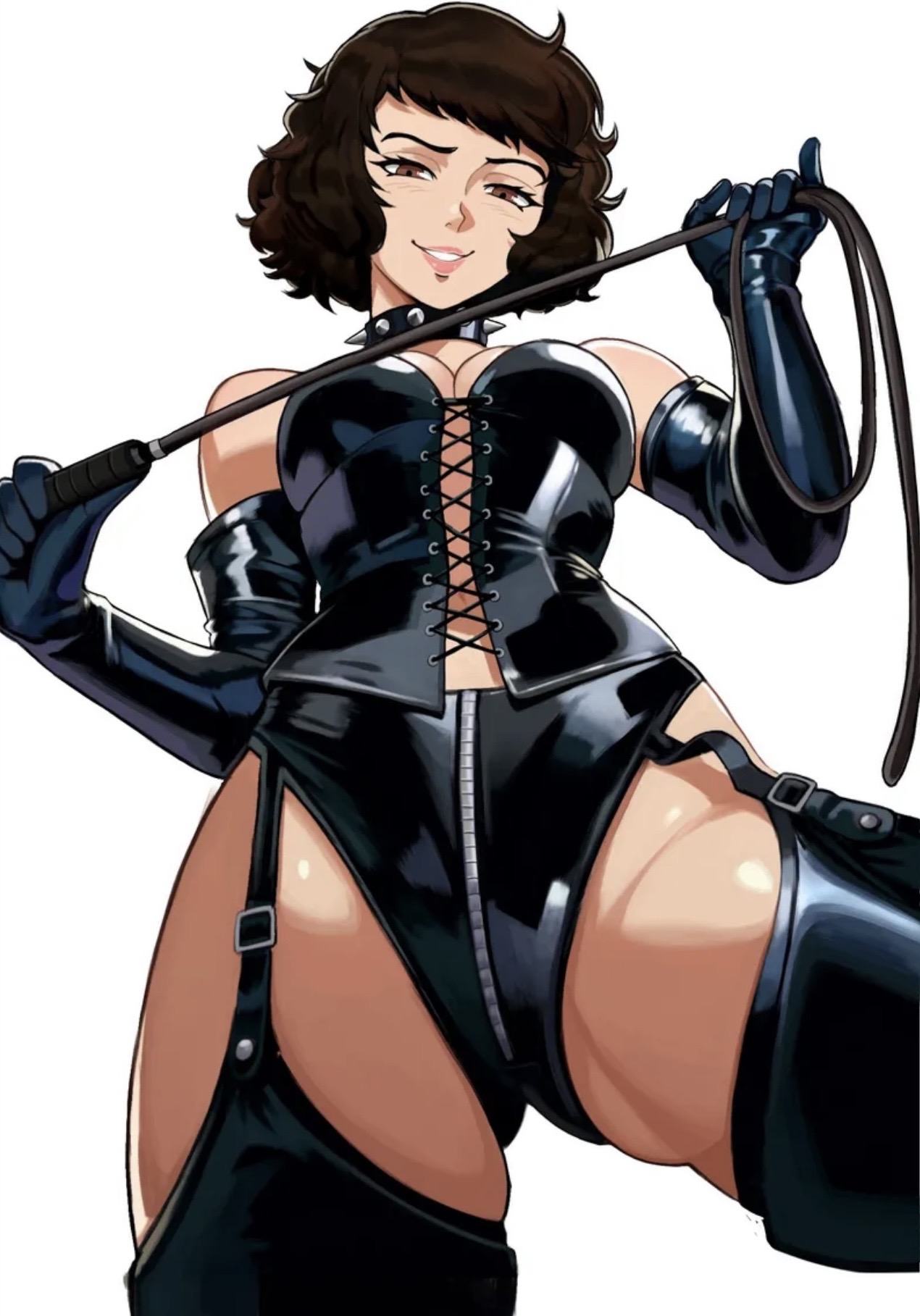 1girls, atlus, bare shoulders, black gloves, breasts, brown hair, cleavage, collar, dominant female, dominatrix, female, female focus, female only, latex, looking at viewer, looking down, mature female, megami tensei, neggoartz, persona, persona 5, sadayo kawakami, seductive look, short pov, teacher, thighs, whip, white background
