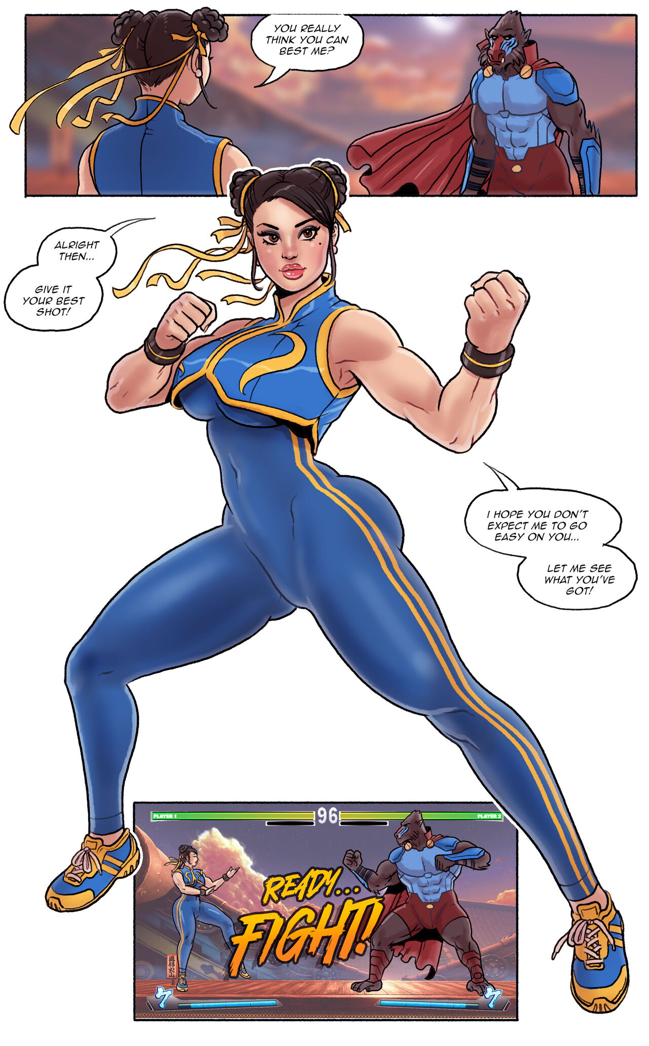 capcom, chun-li, crossover, eastern and western character, female, fight, fighting game, fighting stance, furry, gameplay mechanics, haplorhine, health bar, jpeg, mandrill, mandrill (marvel), marvel, marvel comics, monkey, pegasus (artist), primate, smack talk, street fighter