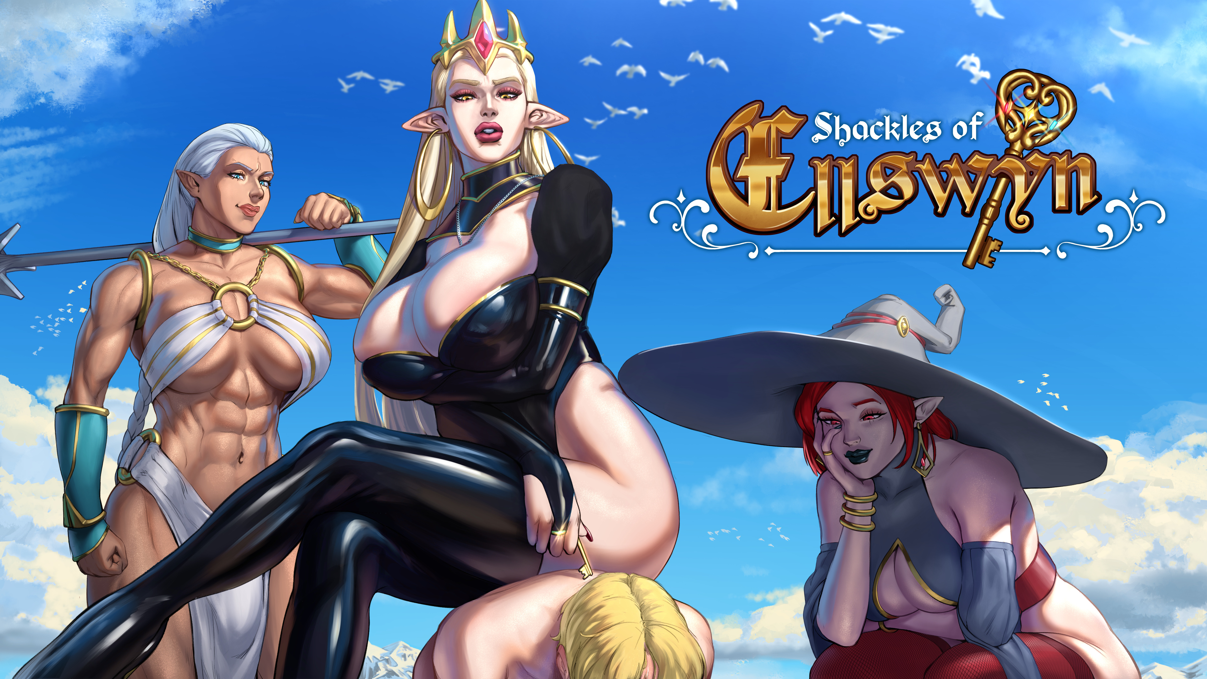 1boy, 3girls, abs, anonarts, blonde hair, breasts, elf, female, femdom, large breasts, latex, male, malesub, shackles of ellswyn