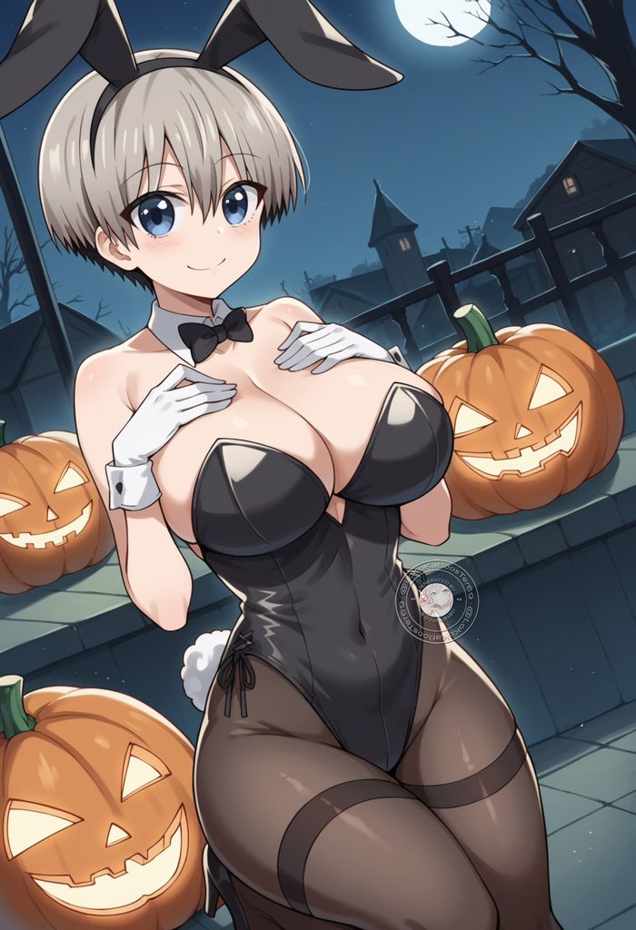 ai_generated bare_thighs blue_eyes bunny_ears bunny_tail bunnysuit gigantic_breasts grey_hair halloween huge_breasts huge_thighs light-skinned_female light_skin lokokabooster69 looking_at_viewer massive_breasts pumpkin rabbit_ears short_hair shortstack smiling solo_female squatting sweat sweatdrop thick_body thick_female thick_thighs thighs uzaki-chan_wa_asobitai! uzaki_hana voluptuous voluptuous_female