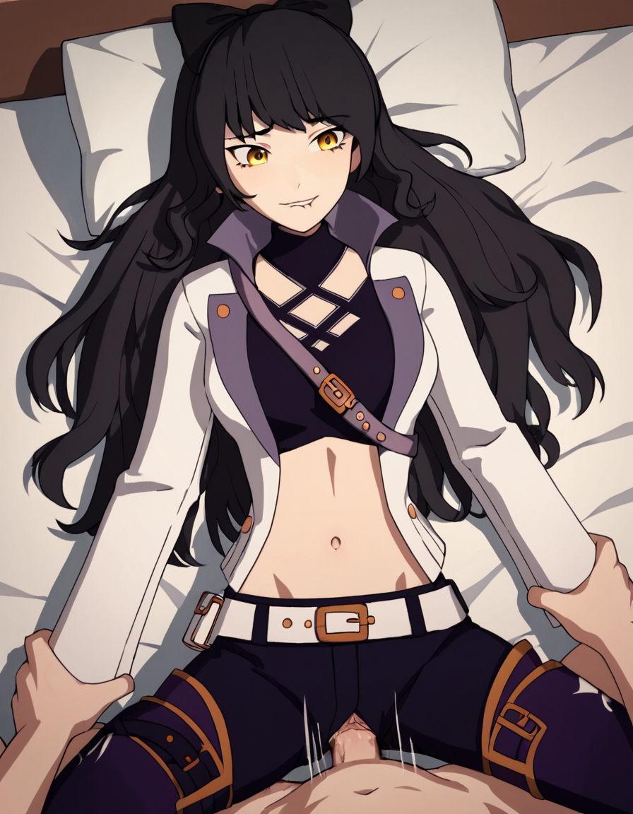 ai_generated biting_lip black_hair blake_belladonna cat_ears catgirl female missionary_position rwby