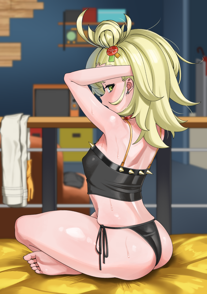 armpits arms_up bed blonde_hair breasts earrings feet green_eyes light-skinned_female light_skin on_bed panties petite piper_wheel seductive seductive_look sideboob small_breasts soles sweat tank_top toes underwear zenless_zone_zero