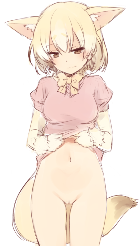 animal_ears blonde_hair bottomless bow bowtie brown_eyes commentary cowboy_shot female fennec_(kemono_friends) fox_ears fox_tail heart kemono_friends light_smile looking_at_viewer navel petite pussy shirt_lift short_hair simple_background sketch solo tail thigh_gap u_(nijie2768) uncensored white_background