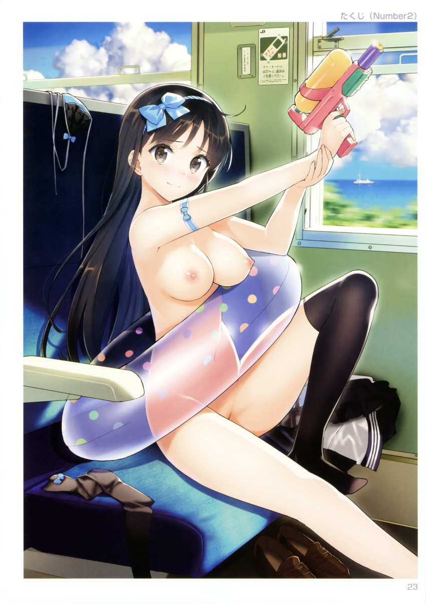 black_eyes black_hair breasts female float_ring hair_ornament hair_ribbon innertube looking_at_viewer medium_breasts nipples nude single_thighhigh solo water_gun