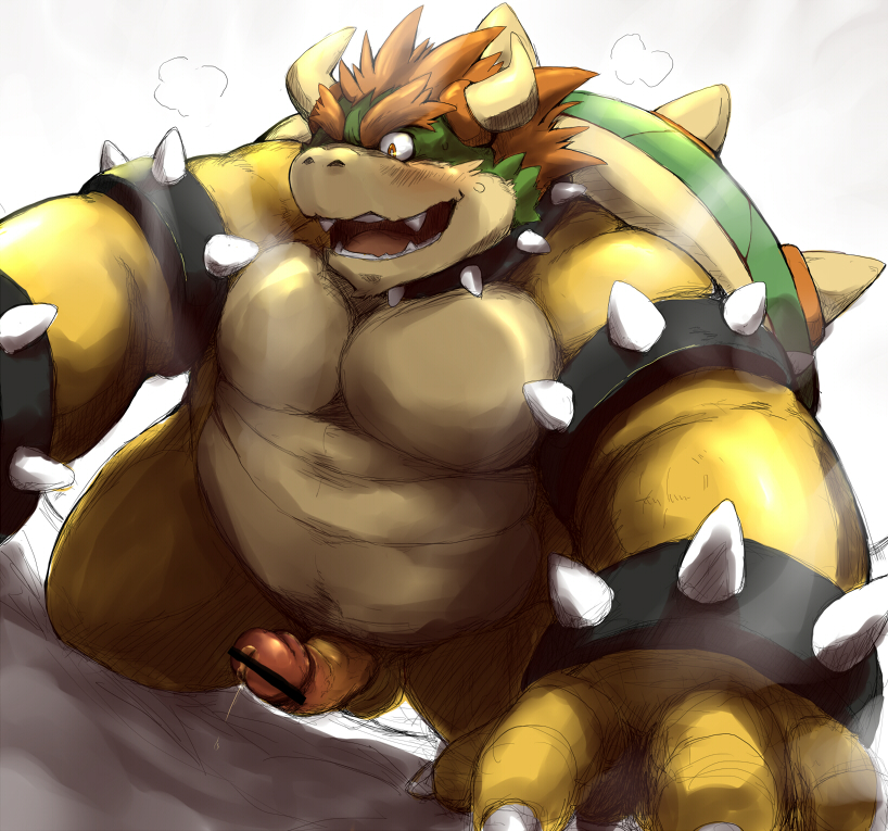 1boy all_fours bowser erection hachirouta male male_only mario_(series) nintendo open_mouth overweight penis simple_background solo video_games