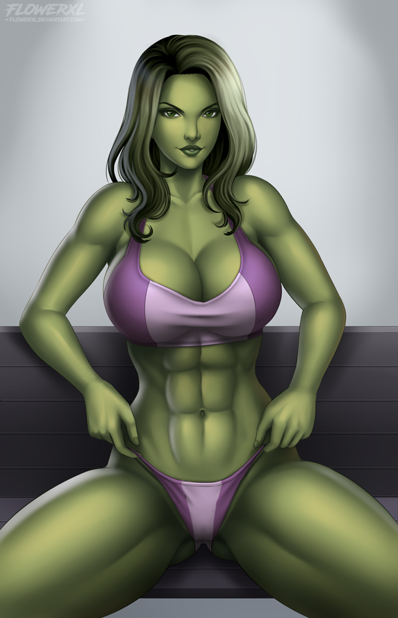 1girls, abs, avengers, big breasts, breasts, cleavage, female, female only, flowerxl, fully clothed, green hair, green skin, huge breasts, hulk (series), large breasts, looking at viewer, marvel, marvel comics, panties, she-hulk, solo, sports bra, spread legs, toned, toned female