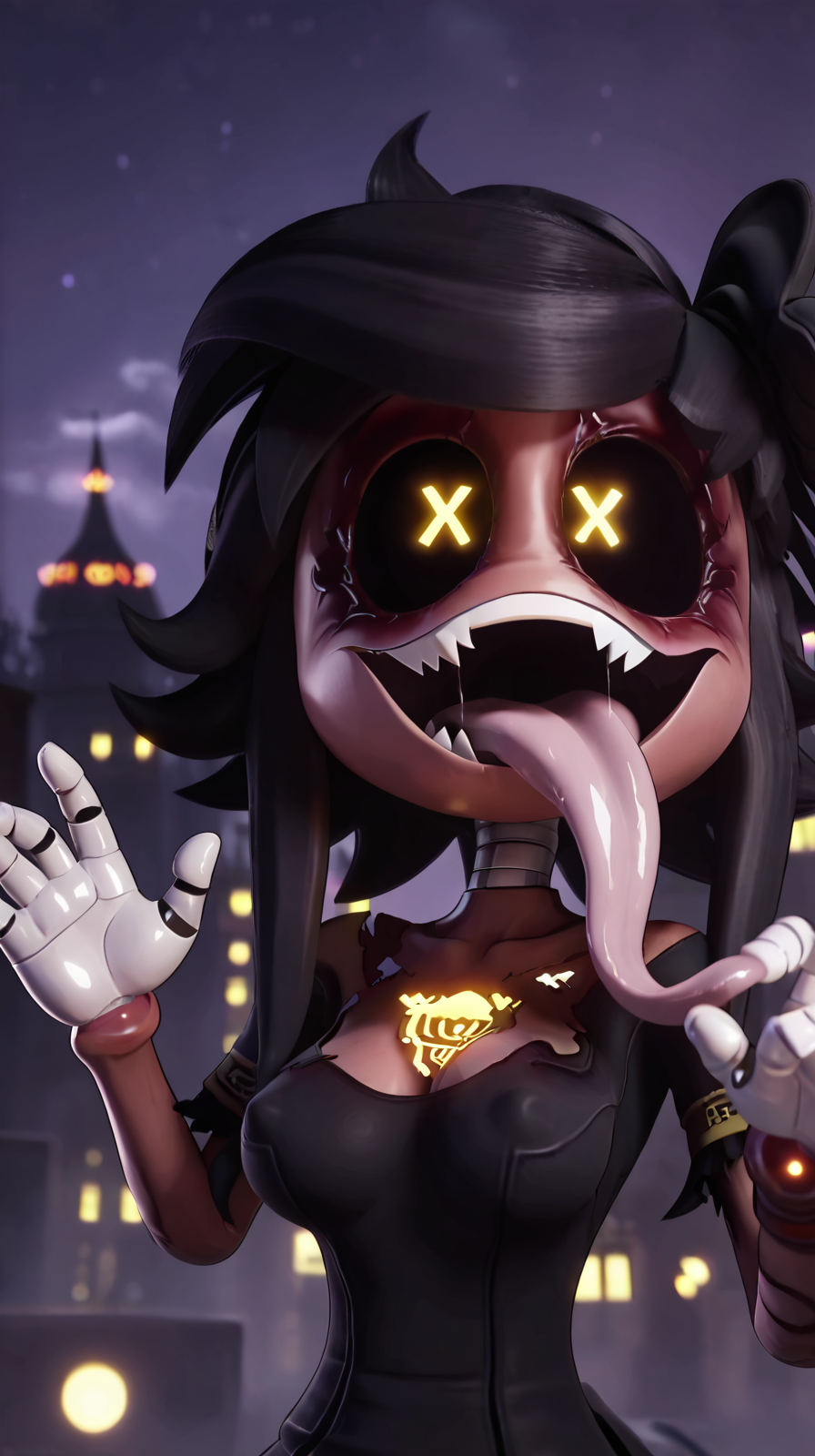 ai_generated autismmix_pony(model) black_hair cleavage covered_nipples cyntessa_(murder_drones) female long_tongue looking_at_viewer marusame medium_breasts murder_drones night open_mouth robot_girl sharp_teeth smile stable_diffusion x_eyes