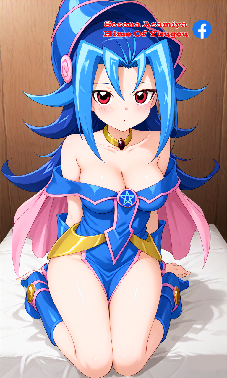 accessories ai_generated athenaasamiya bed blue_hair blush collar dark_magician_girl_(cosplay) edit female hi_res kamishiro_rio long_hair looking_at_viewer magician_hat medium_breasts red_eyes rio_kamishiro sitting solo teenager thighs tiptoes yu-gi-oh! yu-gi-oh!_zexal