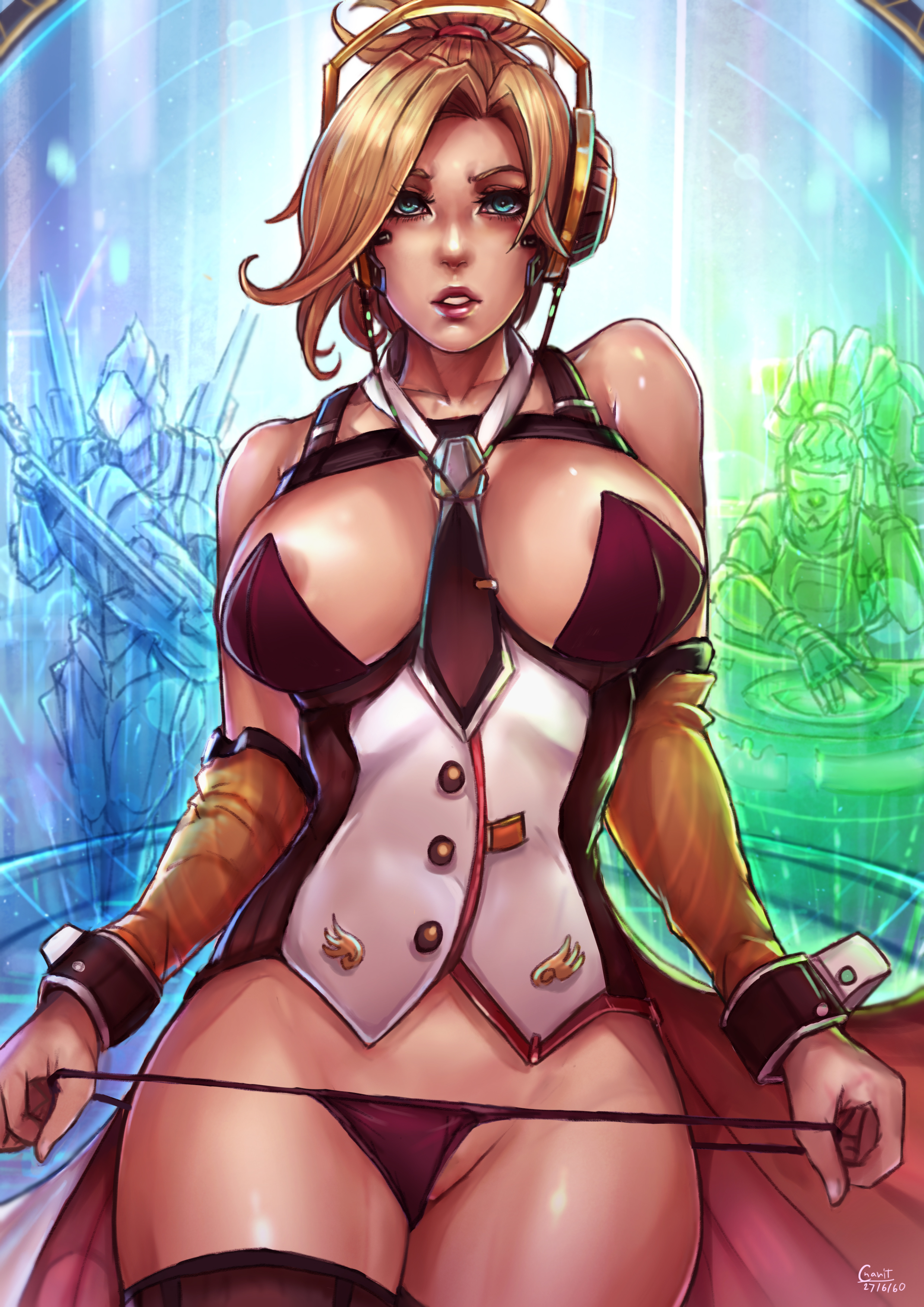 1boy, 2girls, absurdres, adapted costume, alternate costume, arm warmers, armband, armor, asymmetrical hair, blizzard entertainment, blonde hair, blue eyes, blush, bodysuit, breasts, brown legwear, cleavage, clothing, cornrows, corset, costume, covered eyes, curvy, dated, dj, eyelashes, eyewear, female, gloves, gun, headdress, headphones, headwear, helmet, high ponytail, highres, holding gun, holding object, holding weapon, human, kachima, lúcio, large breasts, legwear, lingerie, lipstick, long hair, looking at viewer, lucio (overwatch), machine, makeup, male, mask, megane, mercy, midriff, multiple females, multiple girls, musician, necktie, neckwear, nipple bulge, nipples, overwatch, overwatch 2, panties, pharah, ponytail, power armor, revealing clothes, science fiction, signature, standing, stomach, thighhighs, thong, underwear, visor, weapon, web address