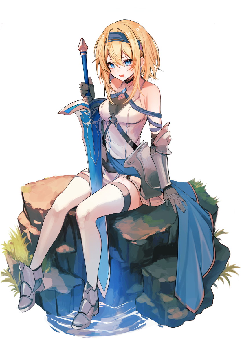 bangs bare_shoulders black_gloves blonde_hair blue_eyes breasts dress eyebrows_visible_through_hair female full_body gloves hair_between_eyes hairband holding long_hair looking_at_viewer medium_breasts open_mouth short_hair sitting sleeveless solo sword tagme_(character) thighhighs torn_clothes torn_legwear weapon white_background white_dress white_legwear