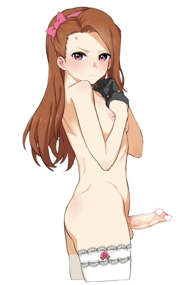 1futa balls ballsack black_gloves blush breasts brown_hair censored commentary_request cropped_legs erection foreskin from_side futa_only futanari gloves hairband hands_on_own_chest heart heart_censor highres hisakawa_riho human idolmaster intact long_hair looking_at_viewer minase_iori nipples partially_retracted_foreskin penis red_eyes revision scrotum shaved_crotch simple_background small_breasts solo standing testicles thighhighs uncut veins veiny_penis white_background white_legwear