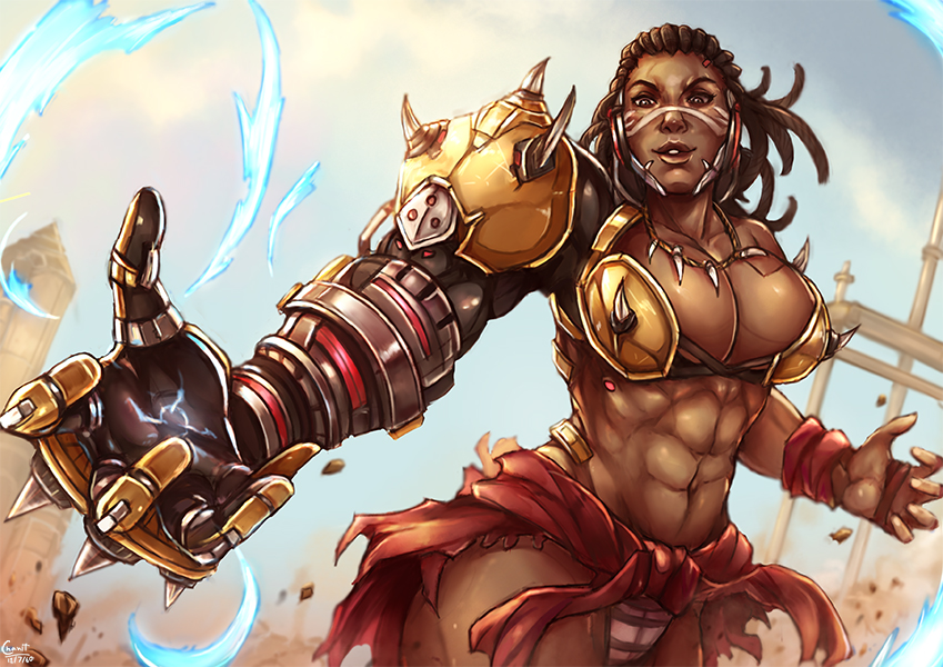 1girls, abs, adapted costume, armor, artist name, asymmetrical hair, belly, biceps, big muscles, blizzard entertainment, breasts, brown eyes, brown hair, brown skin, cleavage, clenched hand, clothing, cornrows, costume, covered breasts, cowboy shot, curvaceous, curvy, dark skin, dark-skinned female, dated, doomfist, electricity, erect nipples under clothes, eyelashes, facepaint, facial mark, female, female doomfist, female only, gauntlets, genderswap, genderswap (mtf), gloves, hips, huge breasts, human, jewelry, kachima, legs, lips, lipstick, long hair, looking at viewer, makeup, male, masculine male, mechanical, midriff, multicolored, muscles, muscular, muscular female, navel, necklace, neckwear, nose, outdoors, overwatch, overwatch 2, panties, pantsu, pecs, power armor, rock, rule 63, serious, shirtless, signature, single glove, skin tight, skirt, solo, standing, stomach, stream, thighs, tied hair, tight, tight clothes, toned, torn clothes, underwear, upper body, video game, white panties, white underwear, wide shoulders, yellow gloves
