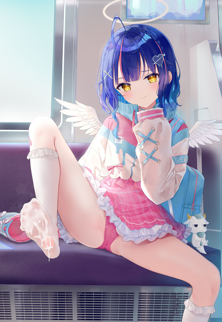 ahoge amamiya_kokoro amamiya_kokoro_(4th_costume) arrow_through_heart bag bag_charm bandaid bandaid_on_leg blue_hair braid charm_(object) closed_mouth colored_inner_hair crown_braid cum cum_on_body cum_on_feet feathered_wings feet female foot_up frilled_skirt frilled_socks frills hair_ornament halo hand_up heart heart_hair_ornament highres jacket knee_up kou_futoshi light_blue_hair long_hair long_sleeves looking_at_viewer mini_wings miniskirt multicolored_clothes multicolored_hair multicolored_jacket nijisanji no_shoes panties pantyshot pink_hair pink_panties pink_skirt plaid_clothes plaid_skirt school_bag shoes skirt sleeves_past_fingers sleeves_past_wrists socks soles solo spread_legs streaked_hair sweat toes torn_clothes torn_socks underwear unworn_shoes virtual_youtuber white_socks white_wings wings x_hair_ornament yellow_eyes