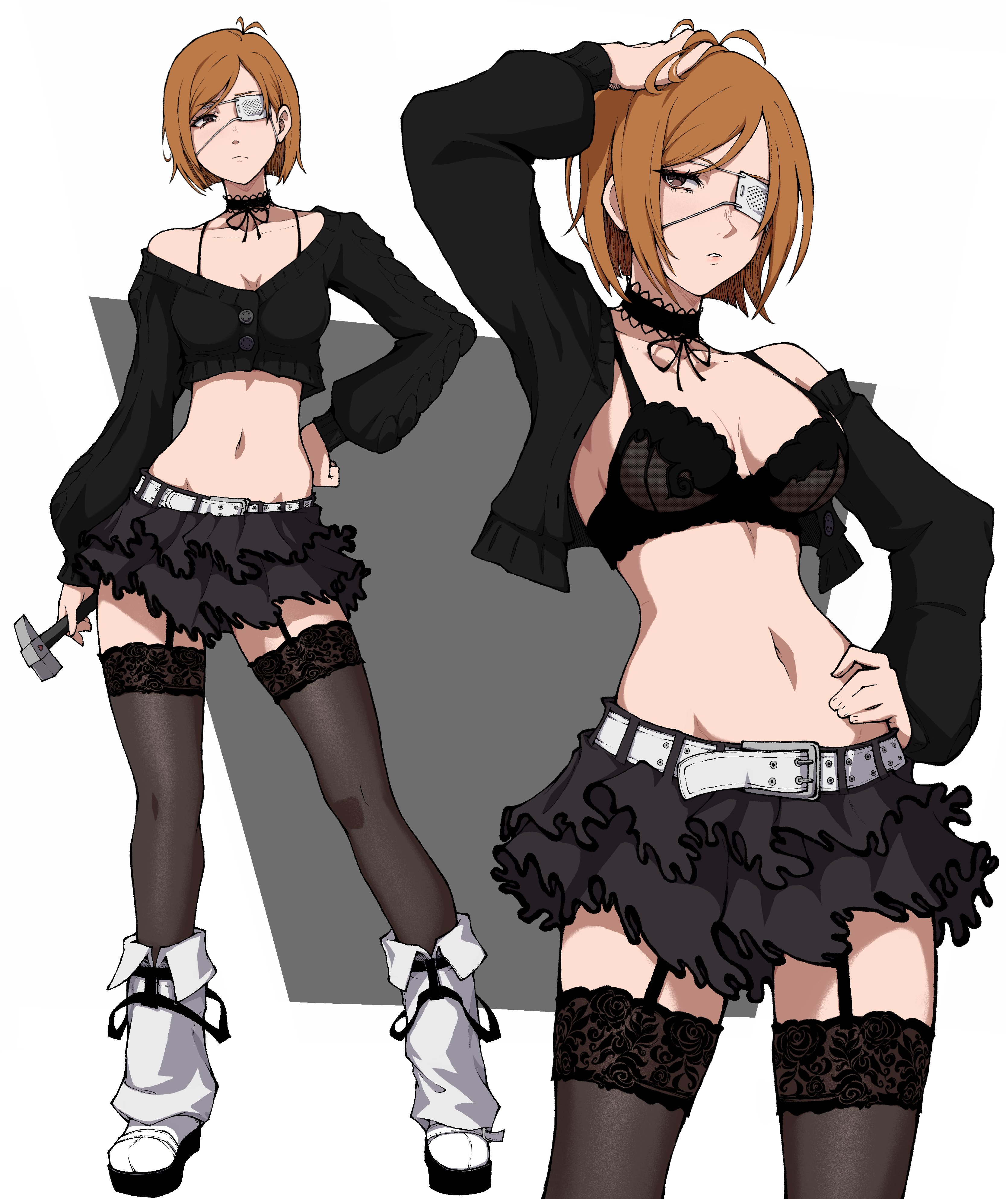 1girls, absurd res, absurdres, alternate costume, antenna hair, arm up, asymmetrical bangs, belted skirt, black bra, black jacket, black skirt, black thighhighs, bra, brown hair, brown-haired female, choker, commentary, contrapposto, crop top, cropped jacket, disinterested, emotionless, emotionless female, eyepatch, female, female only, femsub, full body, garter straps, hand in own hair, hand on own head, highres, indifference, indifferent, jacket, jujutsu kaisen, kekel, kugisaki nobara, lace, lace choker, lace thighhighs, lace trim, lace-trimmed bra, leg warmers, medical eyepatch, midriff, miniskirt, multiple views, navel, off shoulder, off-shoulder jacket, open clothes, open jacket, short hair, simple background, skirt, standing, thighhighs, tomboy, unbothered, uncaring, underwear, unenthusiastic, watermark, white background