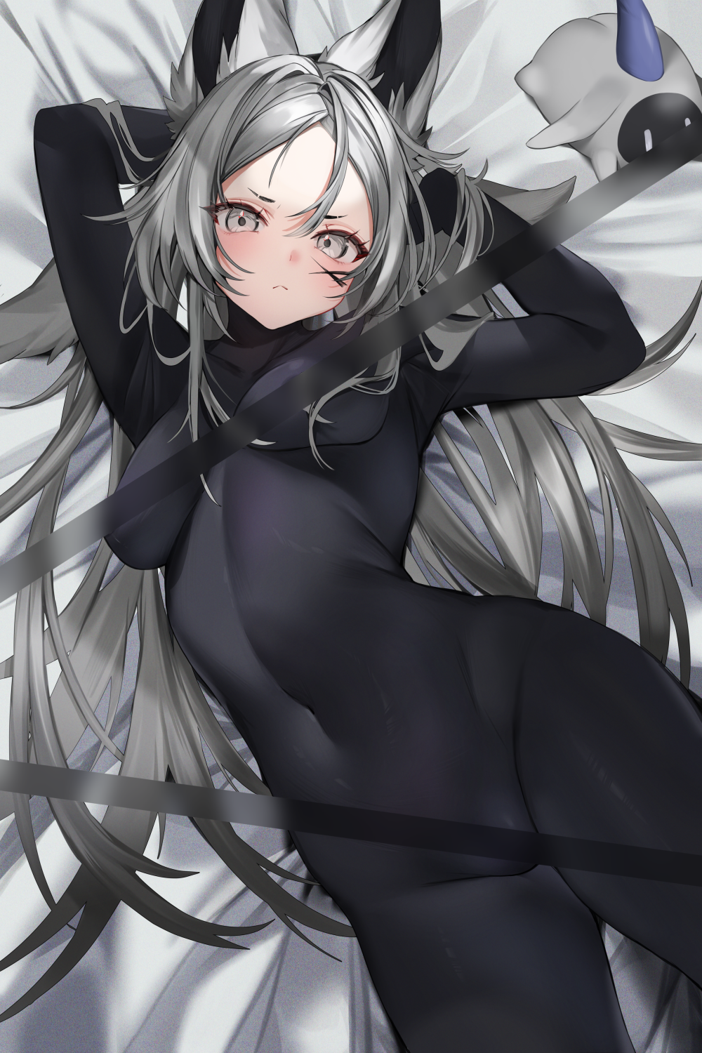 :< animal_ear_fluff animal_ears arms_up bangs bird black_bodysuit black_hair blush bodysuit breasts bunny_ears cat_ears closed_mouth covered_navel cowboy_shot dya_rikku_(vtuber) female frown grey_eyes grey_hair long_hair long_sleeves looking_at_viewer lying medium_breasts navel on_back parted_bangs scarf silver_eyes silver_hair solo very_long_hair vyugen