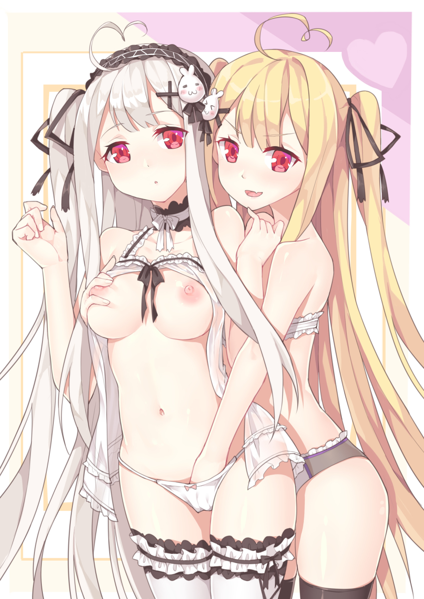 2girls, blonde hair, bra, breast grab, breasts, female, female only, fingering, fingering from behind, frilled bra, grabbing, grabbing from behind, hair, hair ornament, hand in another's panties, looking at viewer, medium breasts, multiple females, multiple girls, naughty face, niliu chahui, nipples, original, panties, red eyes, stockings, thighhighs, tokisaki asaba, tokisaki mio, white hair, yuri