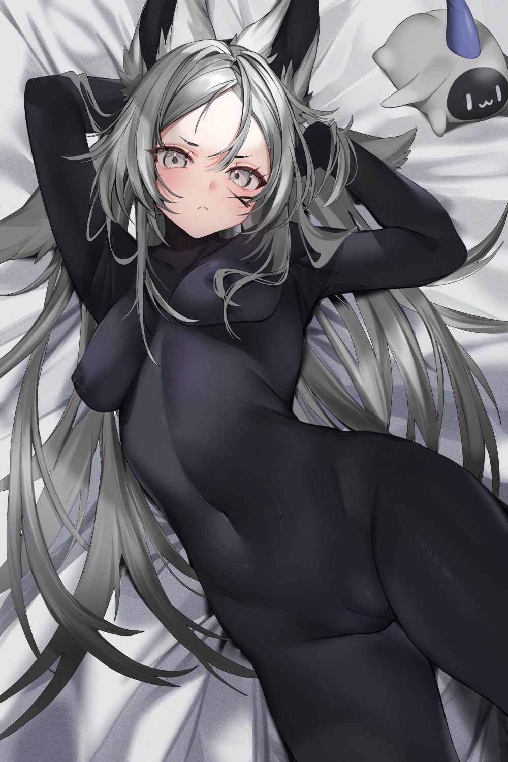 :< animal_ear_fluff animal_ears arms_up bangs bed_sheet black_bodysuit black_hair blush bodysuit breasts cameltoe cat_ears closed_mouth covered_navel covered_nipples dya_rikku_(vtuber) female frown gloves grey_eyes grey_hair long_hair looking_at_viewer lying medium_breasts navel on_back parted_bangs pout silver_hair skin_tight solo thighs vyugen wolf_ears