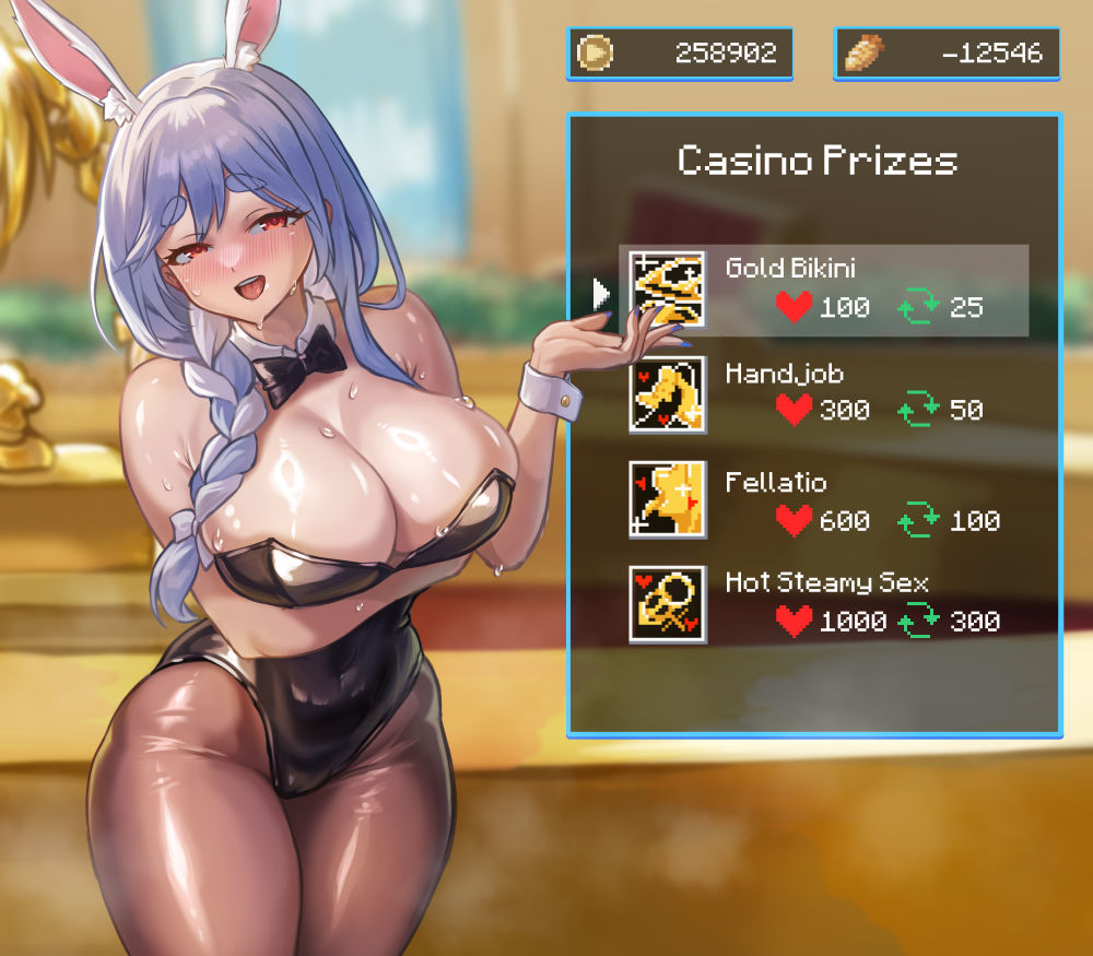 1girls animal_ears arm_under_breasts bare_arms bare_shoulders black_bow black_bowtie black_leotard blue_hair blush bow bowtie braid breasts casino cleavage detached_collar freeze-ex gameplay_mechanics hair_over_shoulder holocure hololive huge_breasts leotard long_hair looking_at_viewer mature_female multicolored_hair naughty_face open_mouth pantyhose pekomama playboy_bunny rabbit_ears rabbit_girl rabbit_tail red_eyes shiny_skin smile solo_focus strapless strapless_leotard sweat tail two-tone_hair user_interface virtual_youtuber white_hair wrist_cuffs