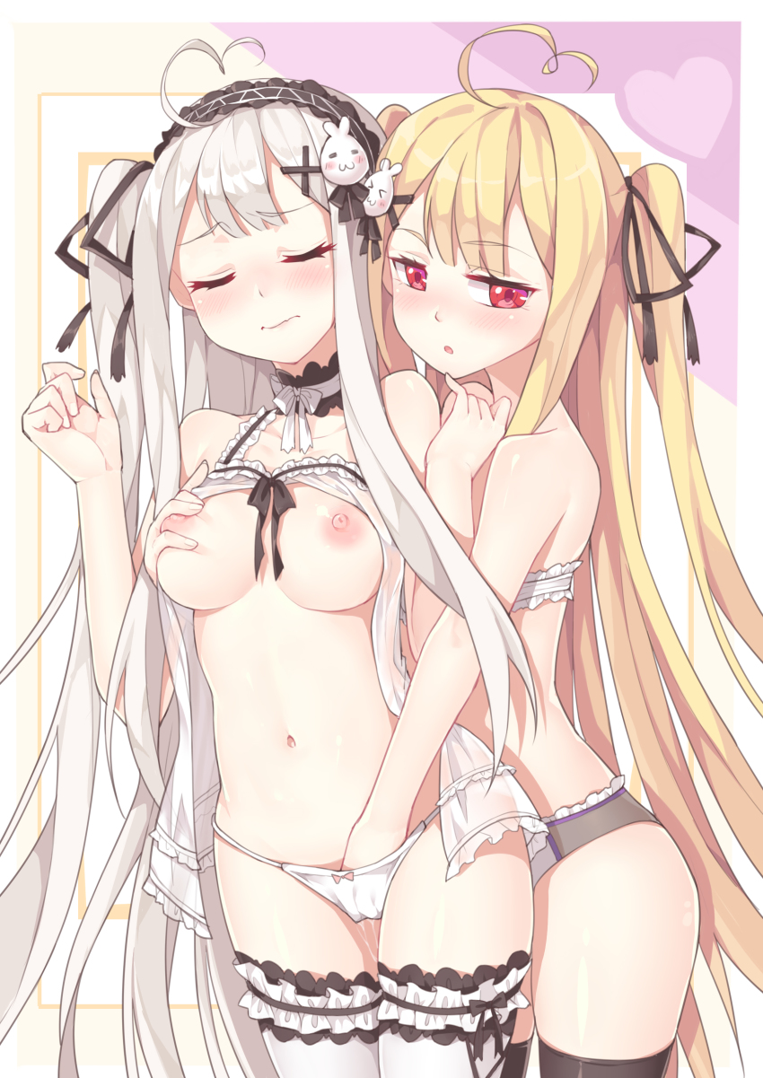 2girls, blonde hair, bra, breast grab, breasts, closed eyes, female, fingering, fingering from behind, frilled bra, grabbing, grabbing from behind, hair, hair ornament, hand in another's panties, medium breasts, mouth closed, multiple females, multiple girls, niliu chahui, original, panties, pussy, pussy juice, red eyes, stockings, thighhighs, tokisaki asaba, tokisaki mio, white hair, yuri
