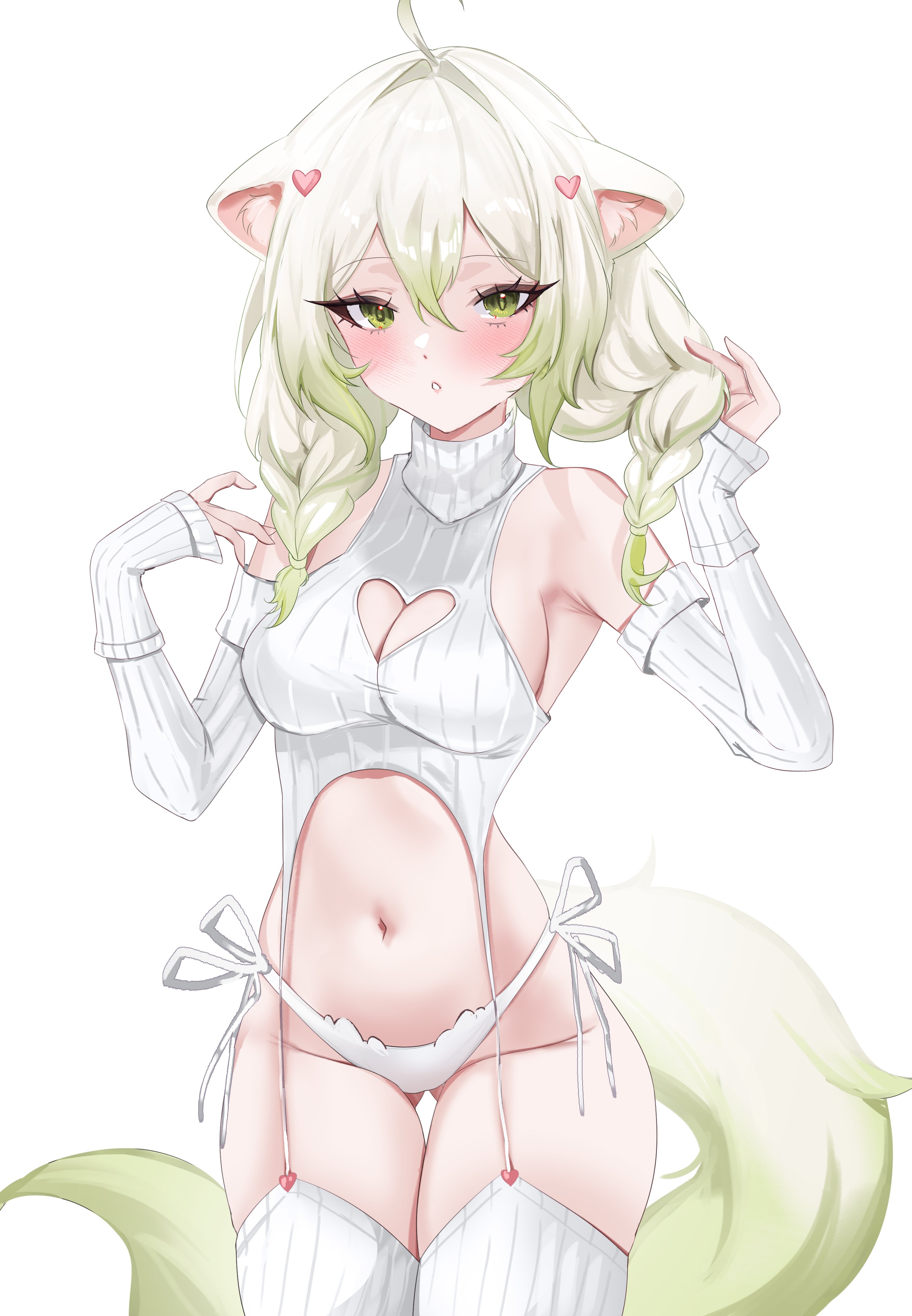 1girls, ahoge, animal ears, armpits, ass, breasts, cleavage, cleavage cutout, cute, female, ferret girl, green eyes, green hair, hair ornament, heart, heart cutout, indie virtual youtuber, laimu, medium breasts, midriff, miuq chan, panties, sexy, sideboob, sleeves, tail, thighhighs, thighs, tummy, twin braids, virgin destroyer sweater, virtual youtuber, vtuber, white background, white hair