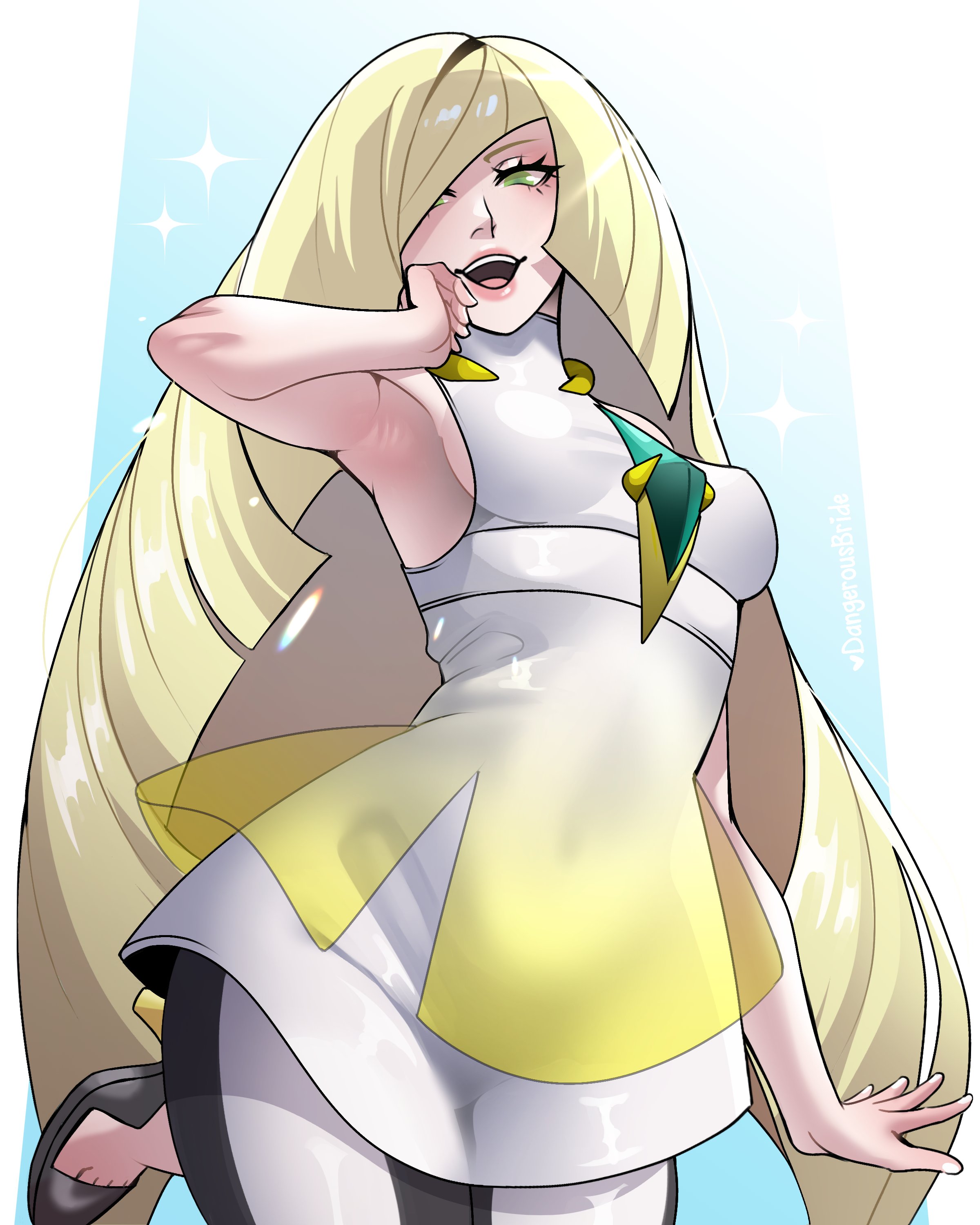 1girls, 2025, 2d, 2d (artwork), armpit, blonde hair, blue background, bright light, clothed, clothed female, dangerousbride, eyelashes, female, female only, game freak, green eyes, hair over one eye, heel, human, human only, long hair, looking at viewer, lusamine (pokemon), milf, narrowed eyes, nintendo, open mouth, pokemon, pokemon sm, questionable, realistic proportions, sfw, sleeveless, smiling, smiling at viewer, solo, solo female, very high resolution, very long hair, wide hips
