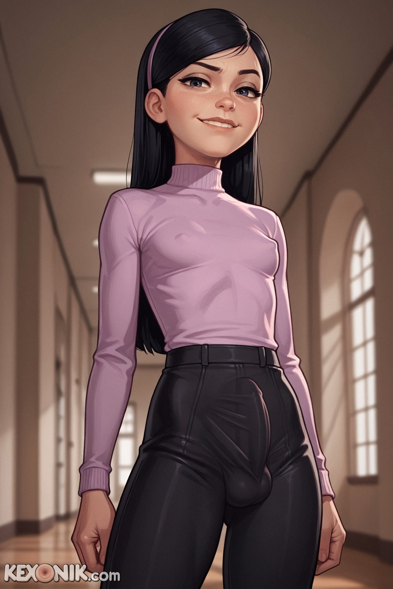 1futa, ai generated, ass focus, balls, black hair, breasts, bulge, close-up, clothed, covered breasts, covered nipples, dickgirl, disney, futa only, futanari, huge, huge ass, intersex, kexonik, long hair, looking at viewer, narrowed eyes, petite, petite body, pixar, revealing clothes, sagging breasts, scrotum, skinny, slim, small breasts, smirk, solo, standing, straight hair, tall, the incredibles, the incredibles 2, unamused, violet parr, young