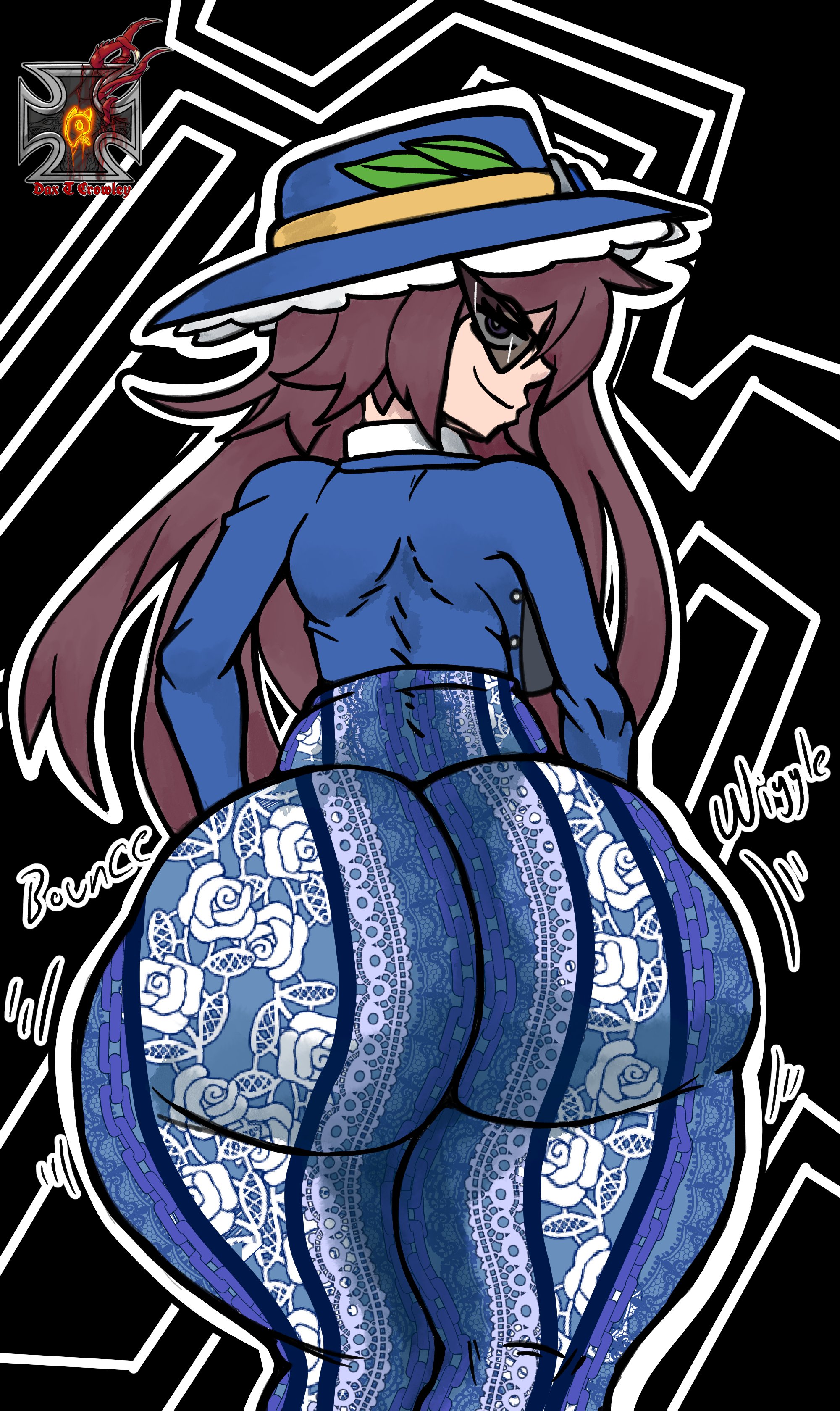 2025, big ass, bouncing ass, flare pants, forbidden pants, gensokyo odyssey, hat, huge ass, jiggle, kakkoi elbertson, long hair, looking at viewer, looking back, red hair, rosededax, smirk, smug, sunglasses, touhou, twitter, wiggle, wiggle lines