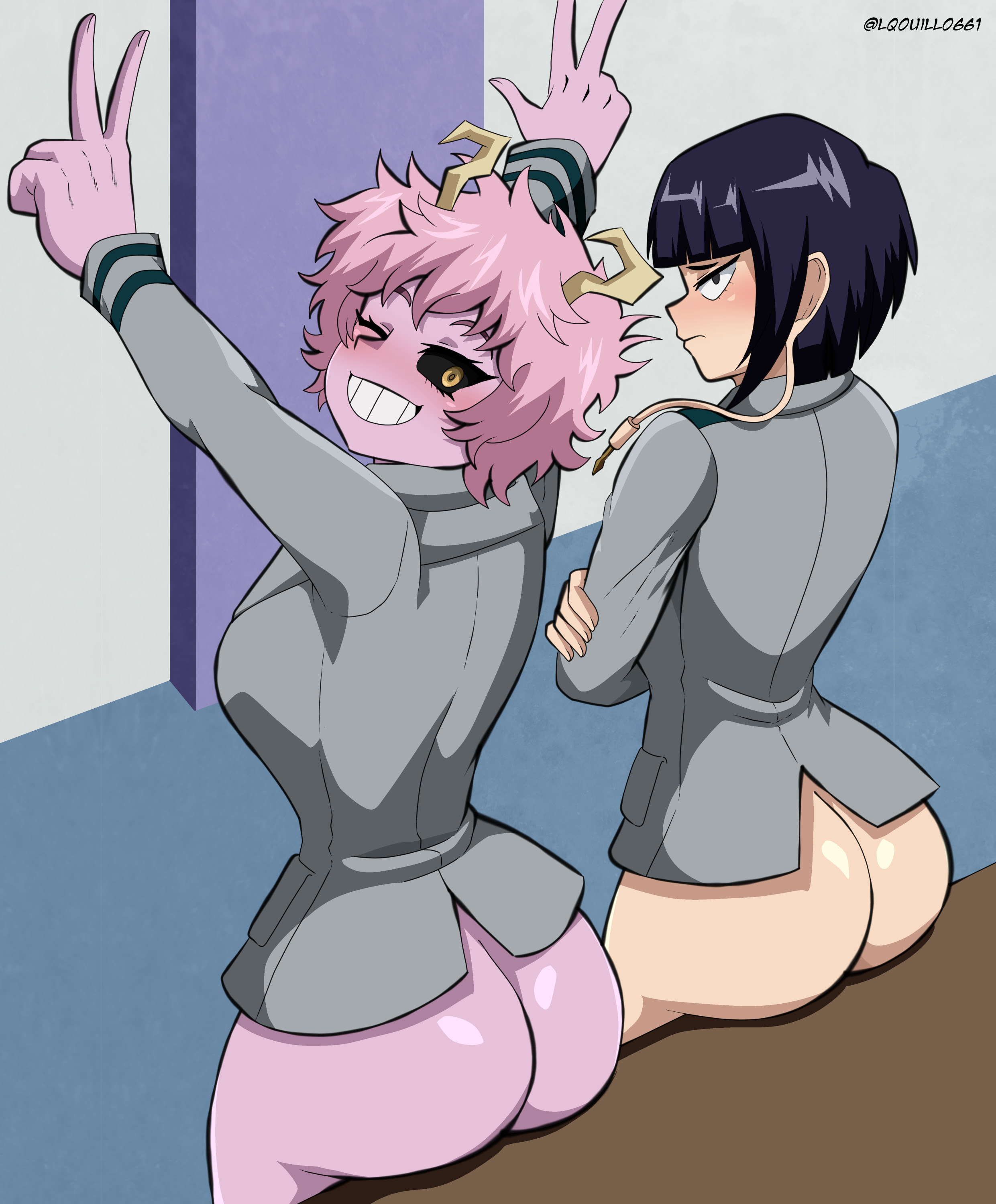 2girls, ass, black sclera, blue hair, boku no hero academia, bottomless, bottomless female, double peace sign, female, female only, kyoka jiro, light skin, light-skinned female, loquillo, mina ashido, my hero academia, peace sign, pink hair, pink skin, pink-haired female, pink-skinned female, purple hair, purple-haired female, school uniform, shounen jump, teenager, wink, yellow eyes