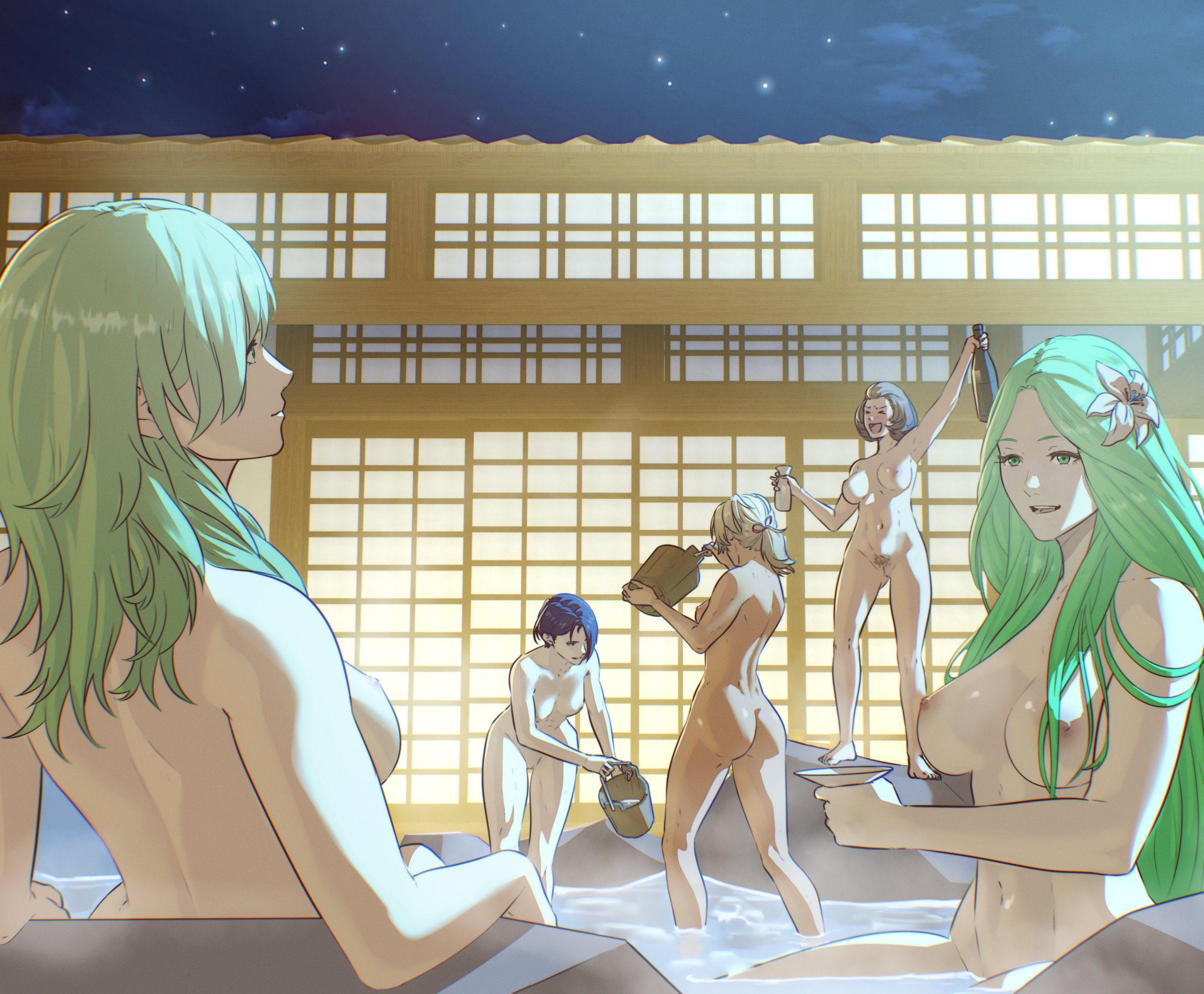 5girls, alcohol, armpits, ass, ass visible through thighs, back, blonde hair, blue hair, bottle, breasts, brown hair, bucket, byleth (fire emblem), byleth (fire emblem) (female), catherine (fire emblem), choko (cup), completely nude, cup, dark skin, dark-skinned female, drunk, female, female only, female pubic hair, fire emblem, fire emblem: three houses, flower, from behind, green eyes, green hair, hair flower, hair ornament, highres, holding, holding bottle, large breasts, long hair, manuela casagranda, medium breasts, multiple females, multiple girls, navel, night, night sky, nintendo, nipples, nude, nude female, onsen, outdoors, pomelomelon, ponytail, pubic hair, purple eyes, rhea (fire emblem), same-sex bathing, shamir nevrand, shared bathing, short hair, sky, star (sky), starry sky, very long hair, wading, wooden bucket