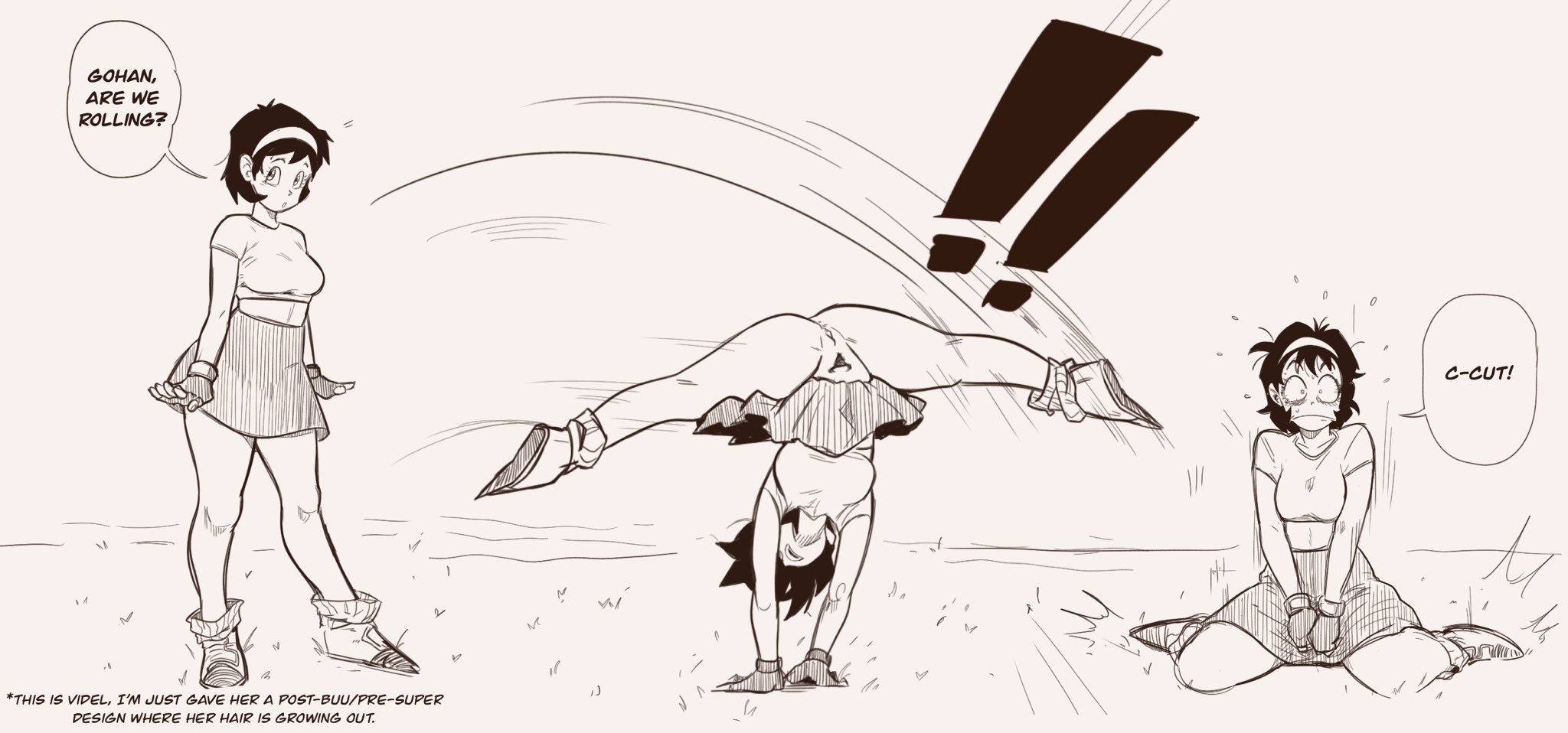 1girls, 2d, 2d (artwork), accidental exposure, athletic female, cartwheel, dragon ball, dragon ball z, embarrassed, female, flashing pussy, going commando, lemonjoojoo, no panties, pubic hair, pussy, short hair, skirt, tagme, undertagged, videl